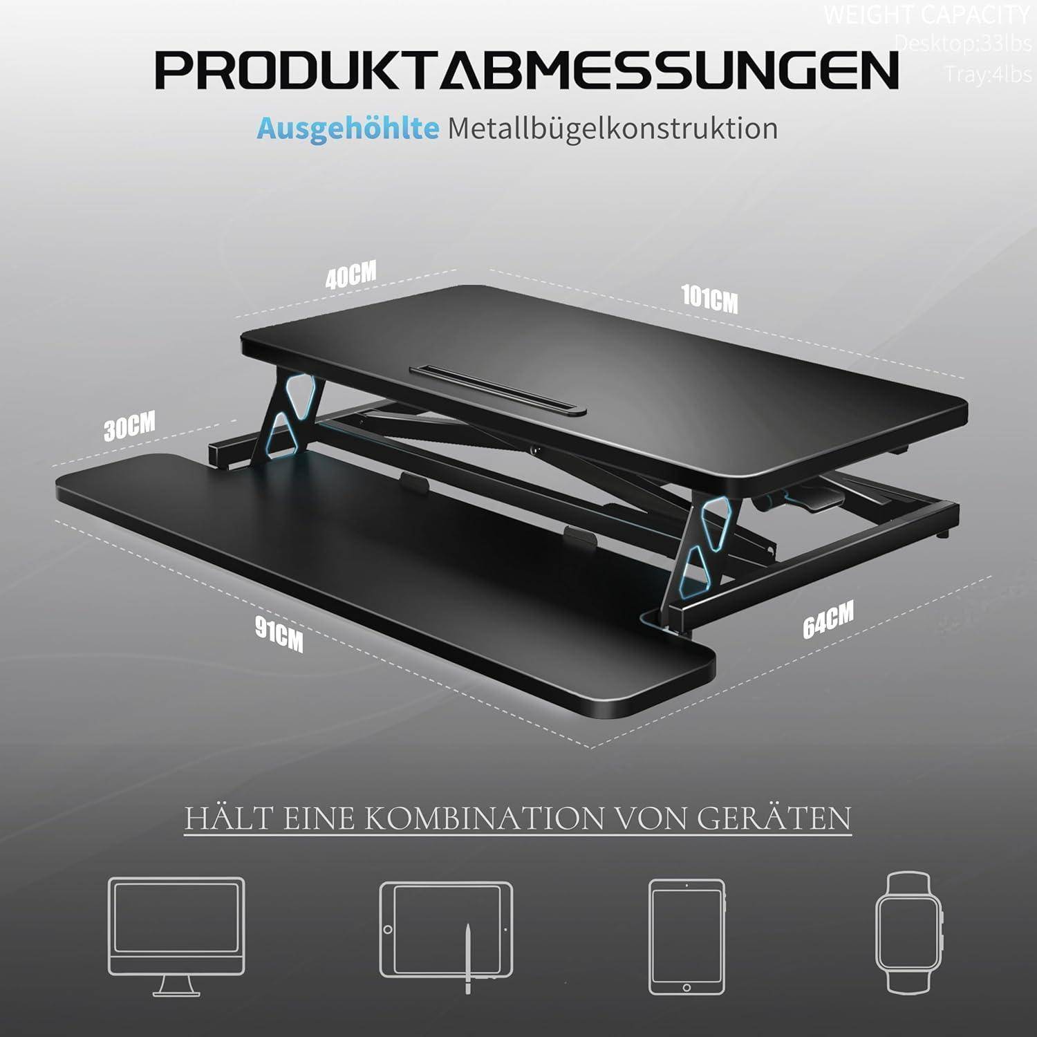 Höhenverstellbarer Schreibtischaufsatz Steh-Sitz 101x40CM, Schwarz