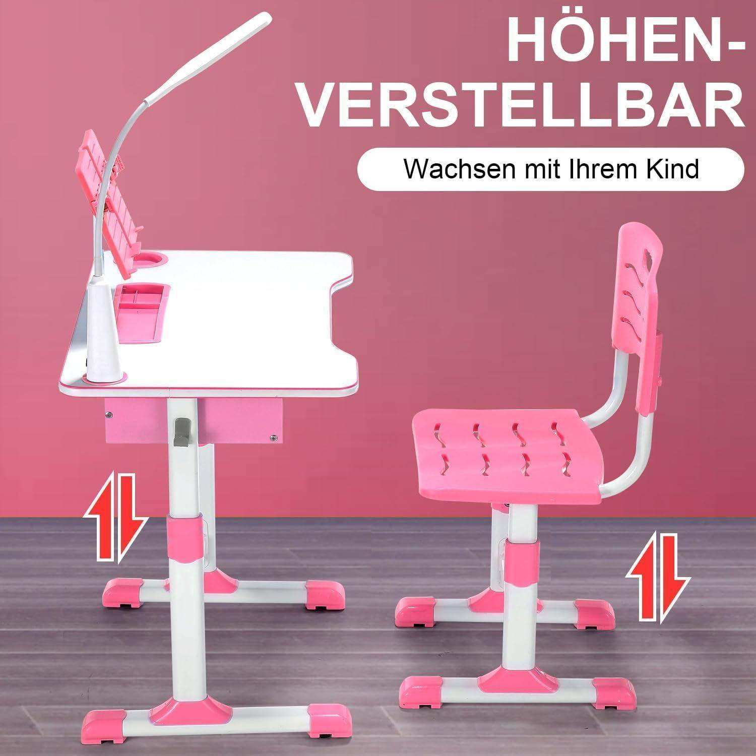Kinderschreibtisch verstellbar Stuhl LED Bücherständer Schublade rosa