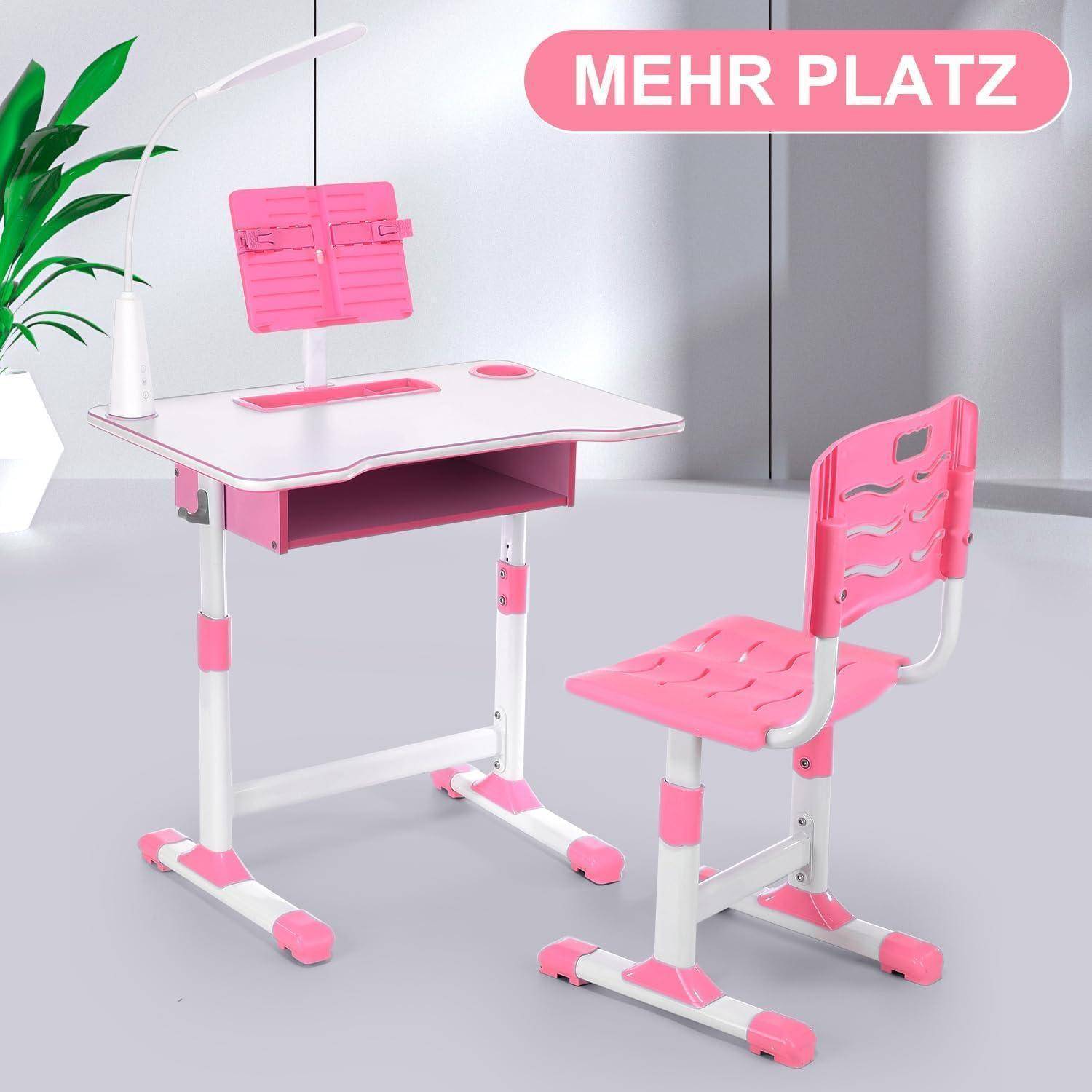 Kinderschreibtisch verstellbar Stuhl LED Bücherständer Schublade rosa