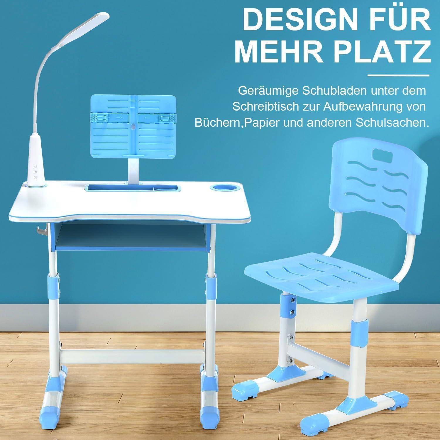 Kinderschreibtisch Set höhenverstellbar LED-Licht Bücherständer Blau