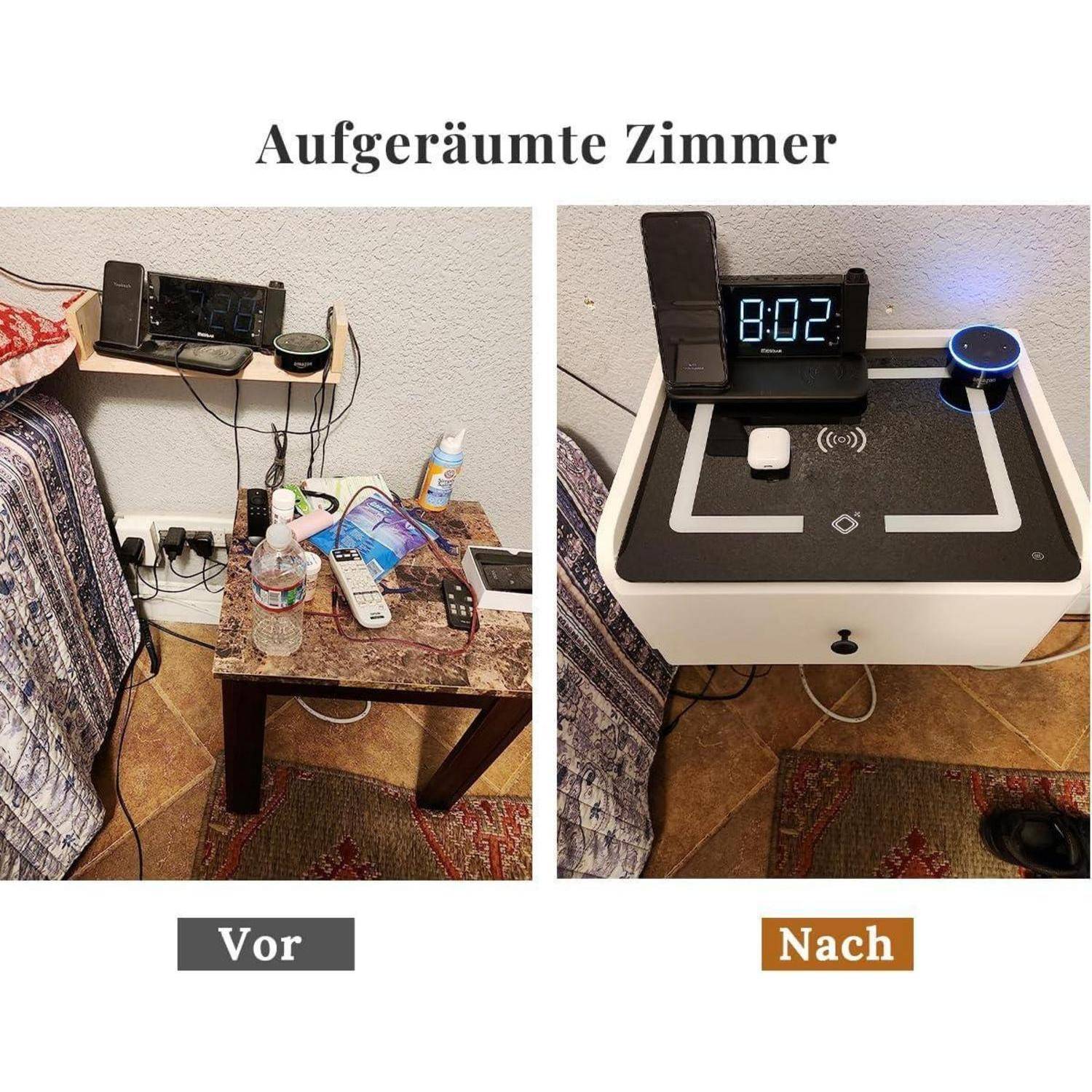 Nachttisch Hängend mit Ladefunktion | LED Licht & Stauraum | Modern