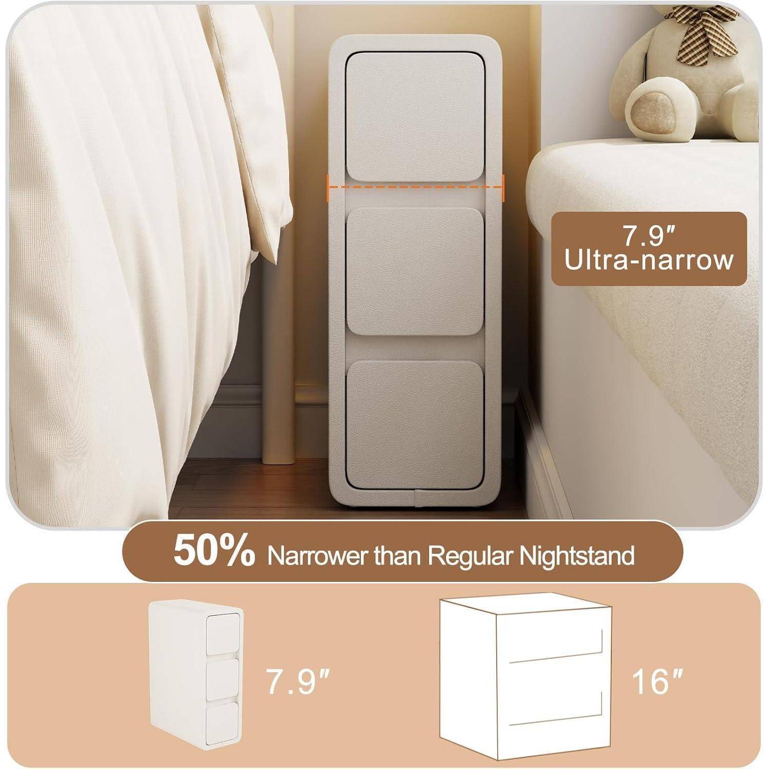 Ein 7,9-Zoll-Ultra-Schmaler weißer Nachttisch passt zwischen Bett und Wand. Er behauptet, „50% schmaler als ein herkömmlicher Nachttisch