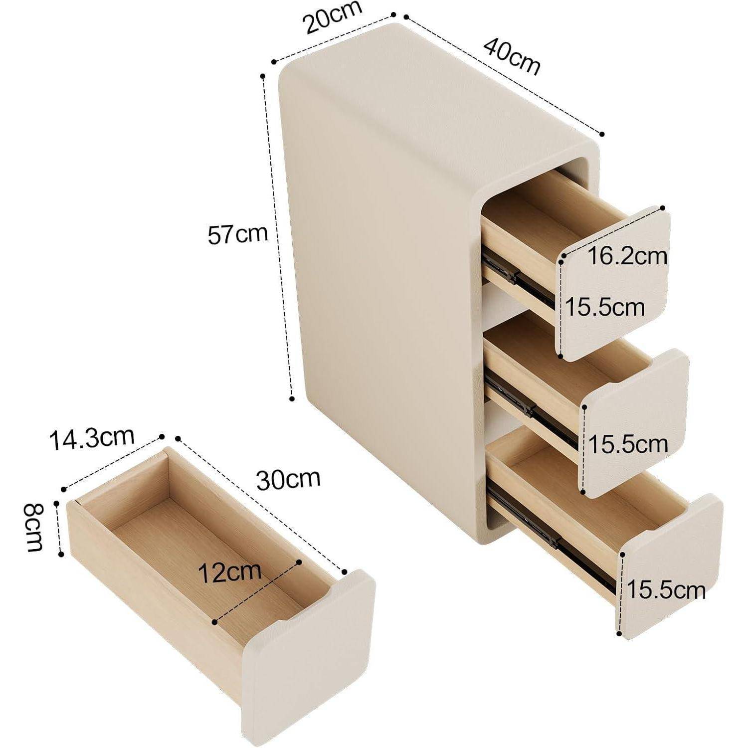 Ein Satz weiße Schubladen mit beschrifteten Maßen: Höhe 57 cm, Breite 20 cm, Tiefe 40 cm; jede Schublade ist 15,5 cm breit, 16,2 cm tief.