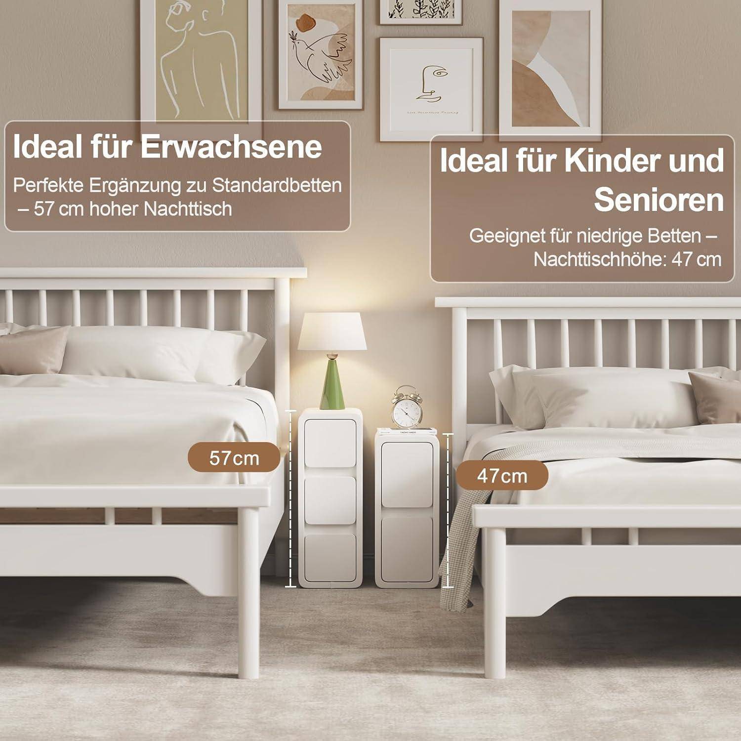 Zwei Betten mit Nachttischen. Links: 'Ideal für Erwachsene', Betthöhe 57 cm. Rechts: 'Ideal für Kinder und Senioren', Bettöhe 47 cm.