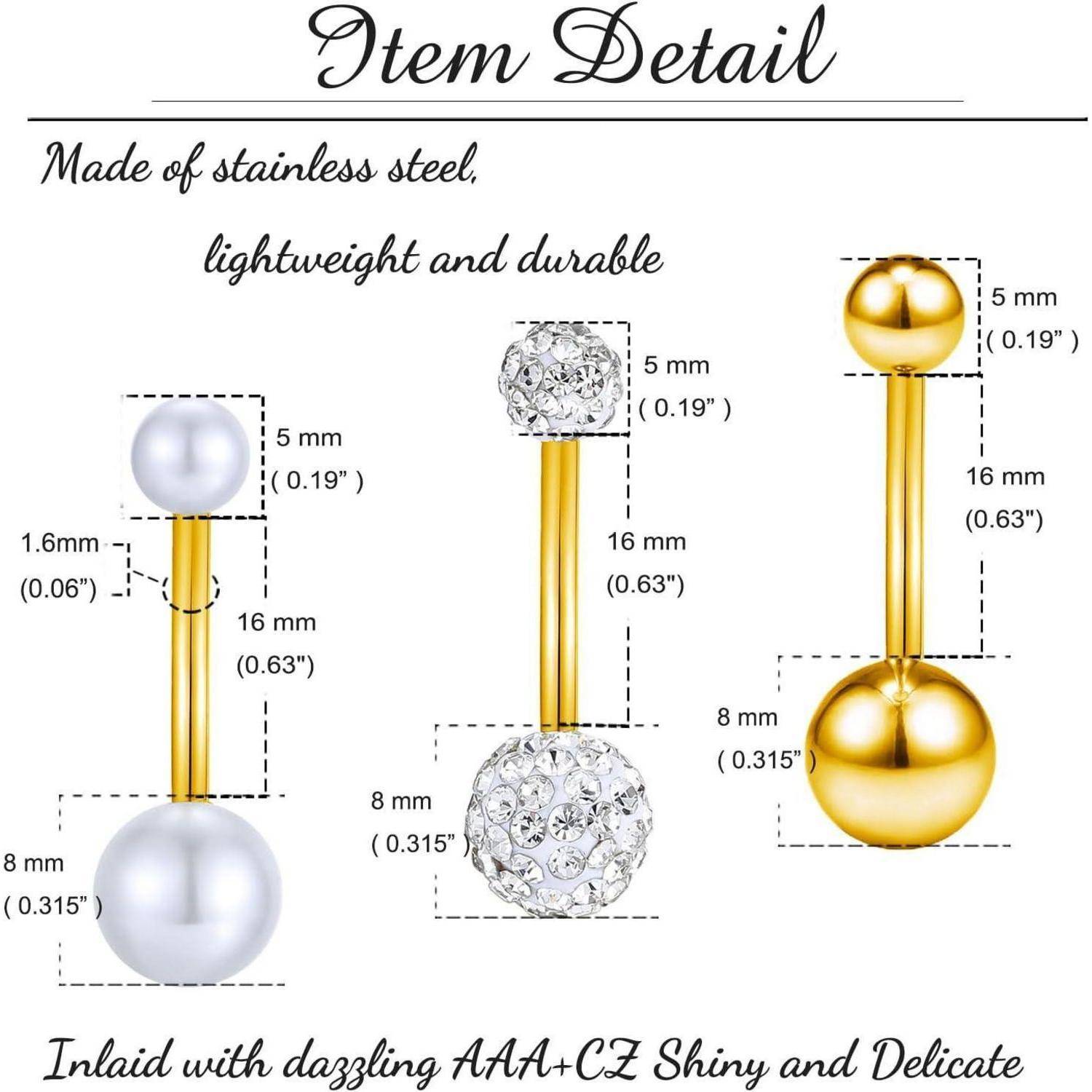 3er Bauchnabelpiercing Set 14G Chirurgenstahl Zirkonia 16mm Silber