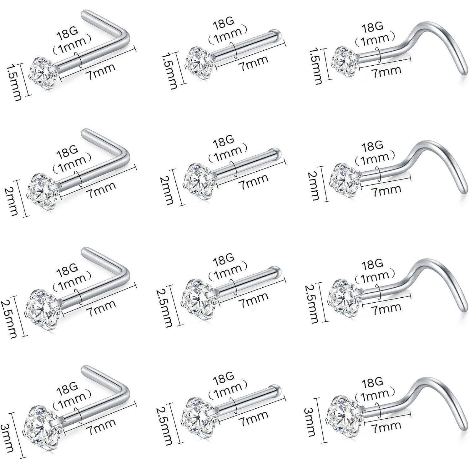 Silber Nasenpiercing Set 18G Chirurgenstahl Zirkonia Frauen Männer