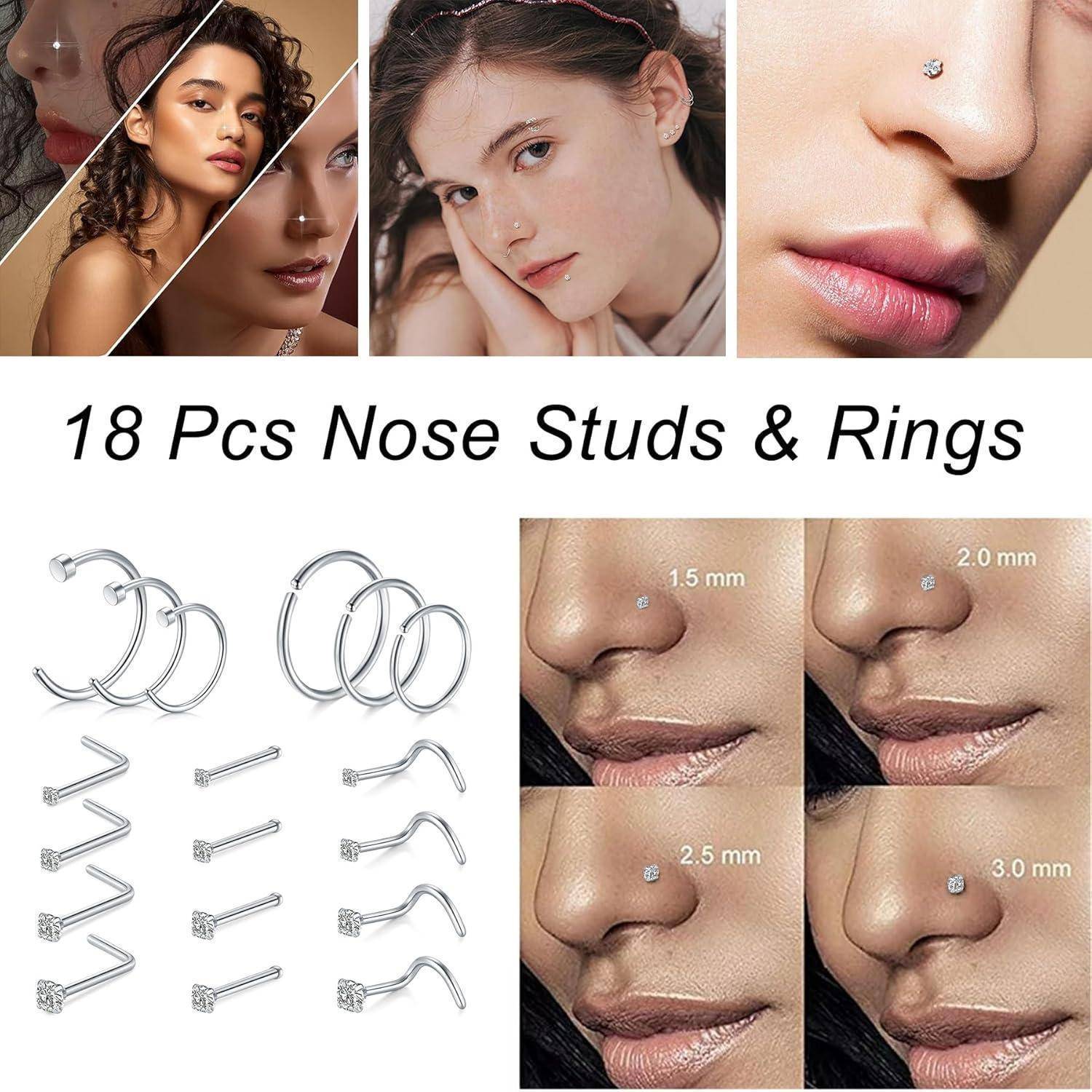 Silber Nasenpiercing Set 18G Chirurgenstahl Zirkonia Frauen Männer