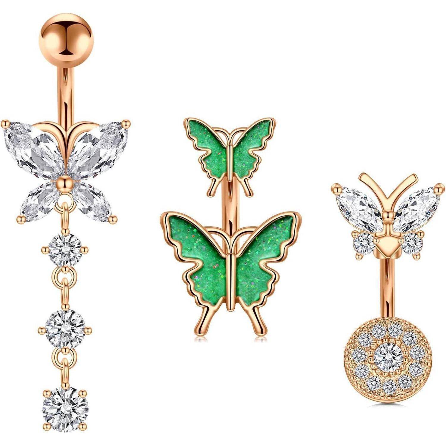 Bauchnabelpiercing 3er Set 6mm & 10mm Silber Herz Schmetterling