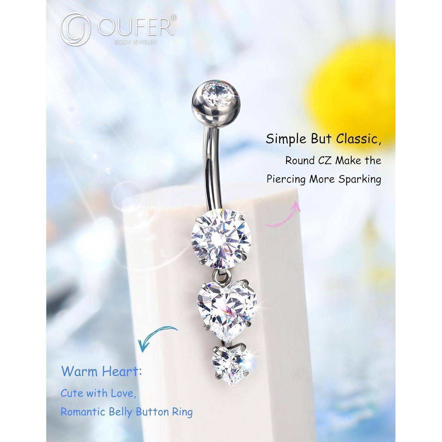 Bauchnabelpiercing 14G Titan G23 Herzanhänger CZ 16mm