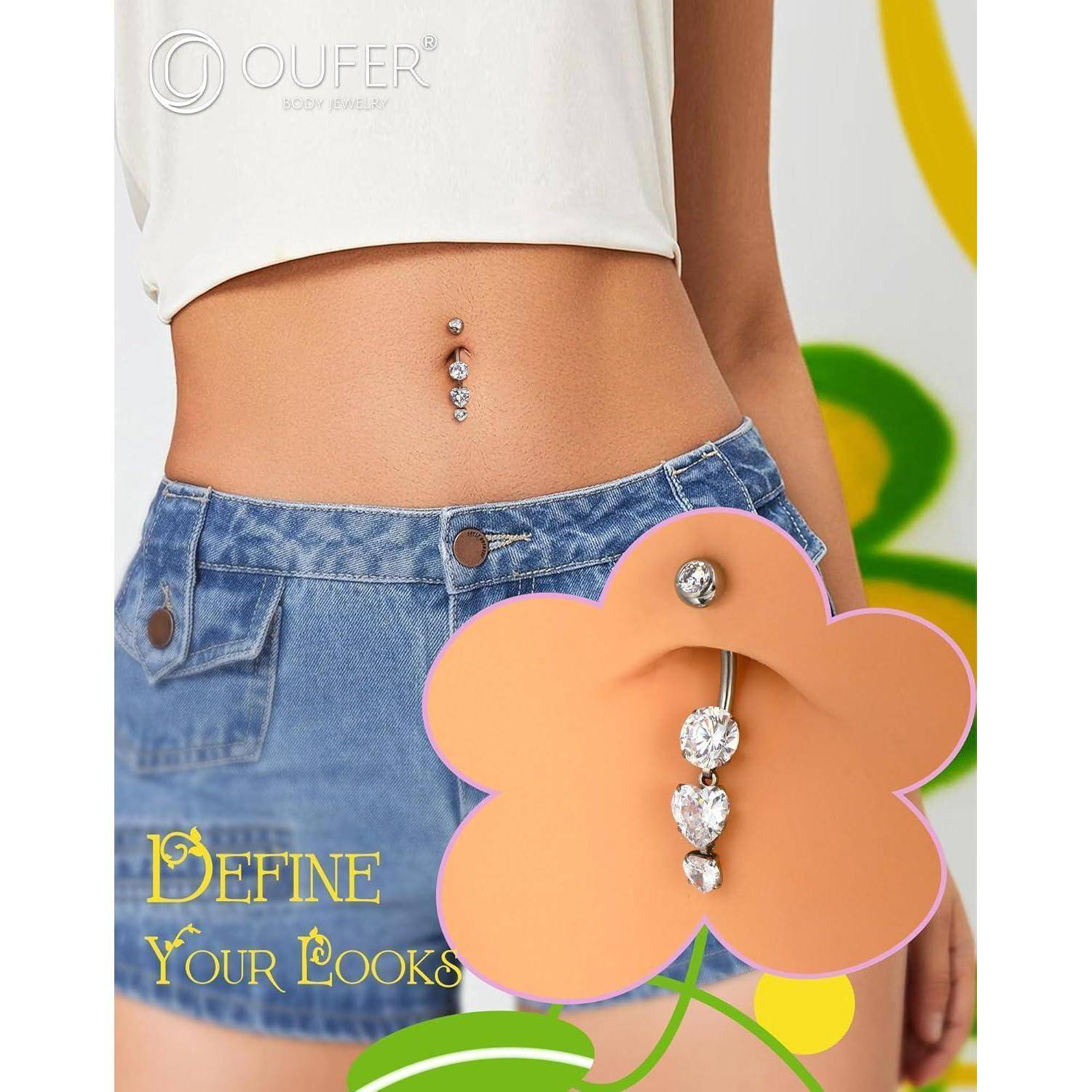 Bauchnabelpiercing 14G Titan G23 Herzanhänger CZ 16mm