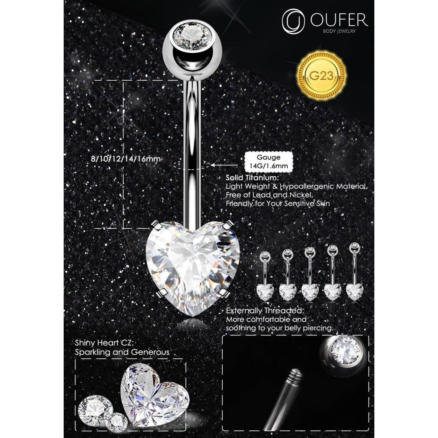 Bauchnabelpiercing Titan Herz Bauchnabel Lang CZ Silber 14G