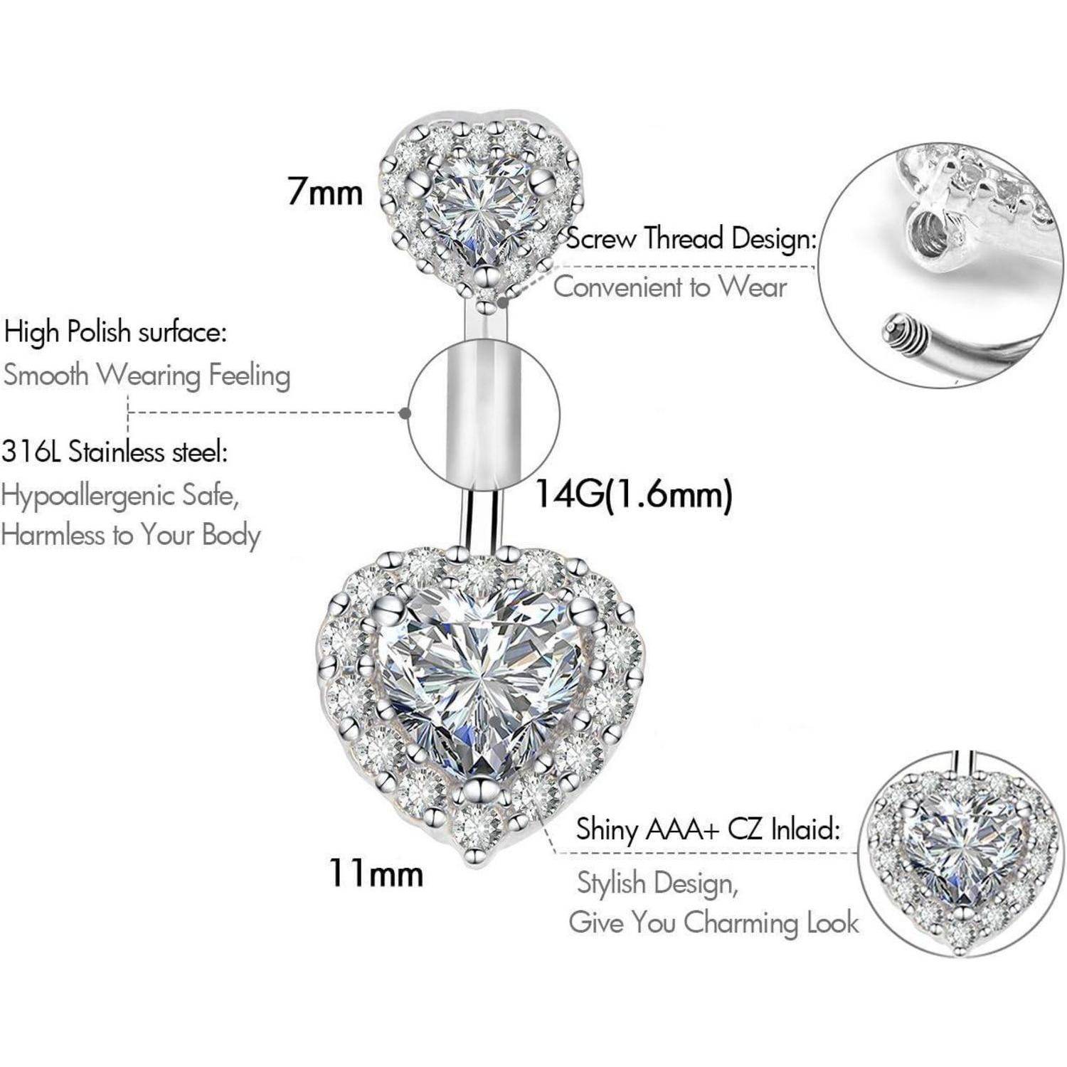 Bauchnabelpiercing 14G Doppelherz Zirkonia 316L Chirurgenstahl