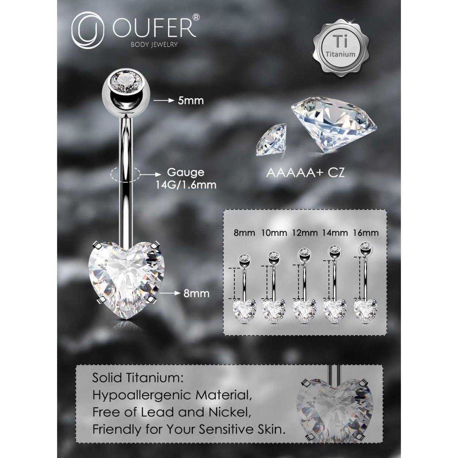 14G Titan Bauchnabelpiercing mit herzförmigem klarem CZ