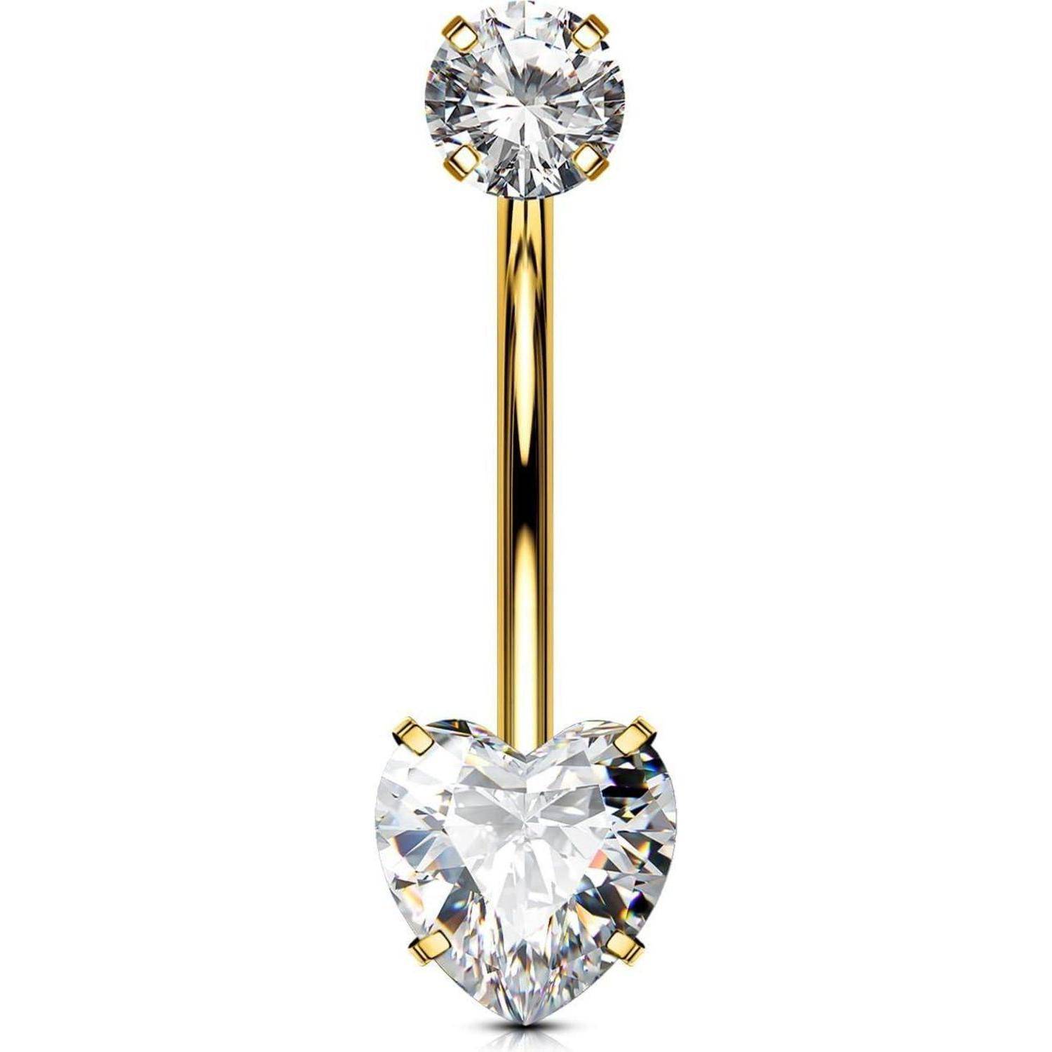 Internally Threaded Heart CZ Navel Piercing 10/12/14/16mm Gold