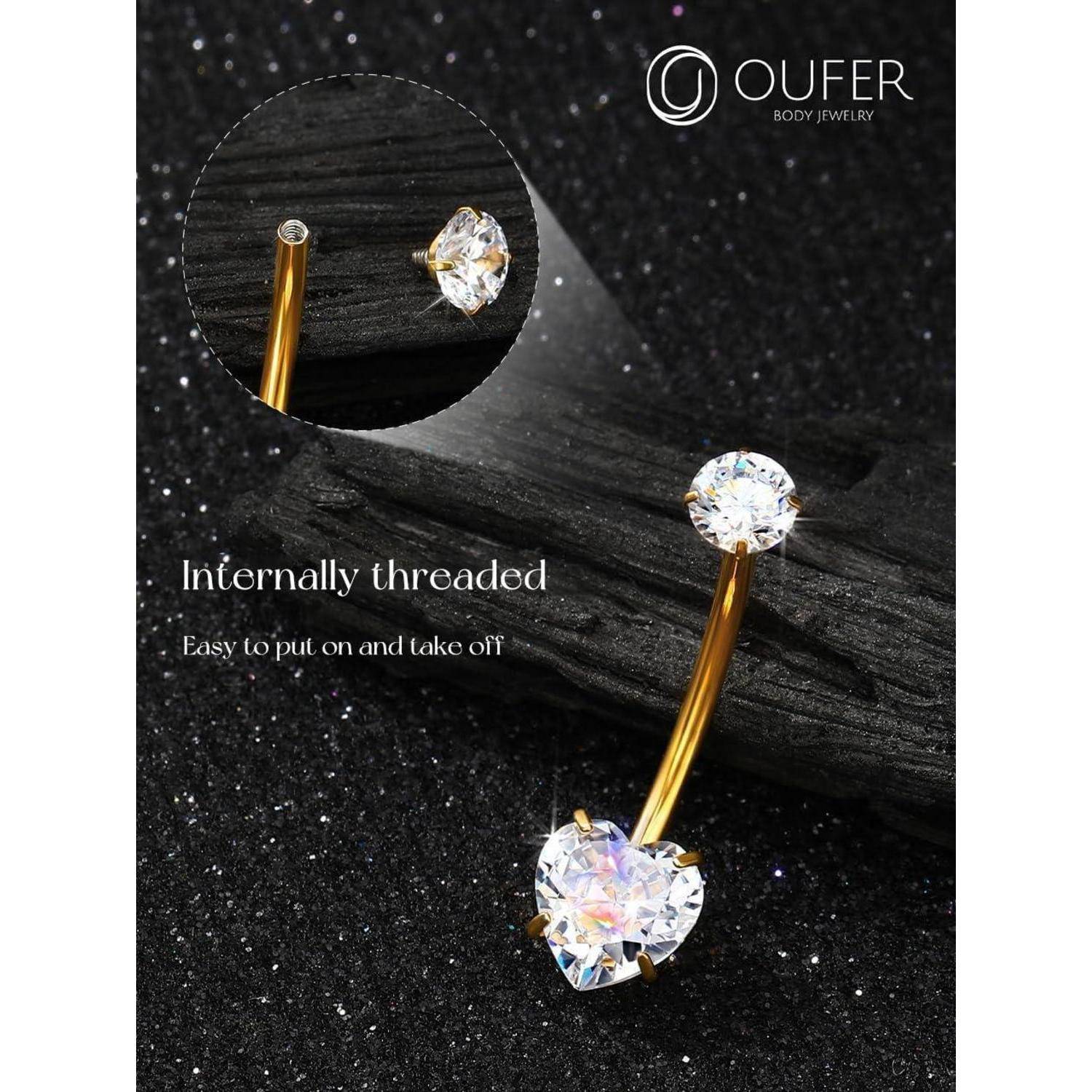 Internally Threaded Heart CZ Navel Piercing 10/12/14/16mm Gold