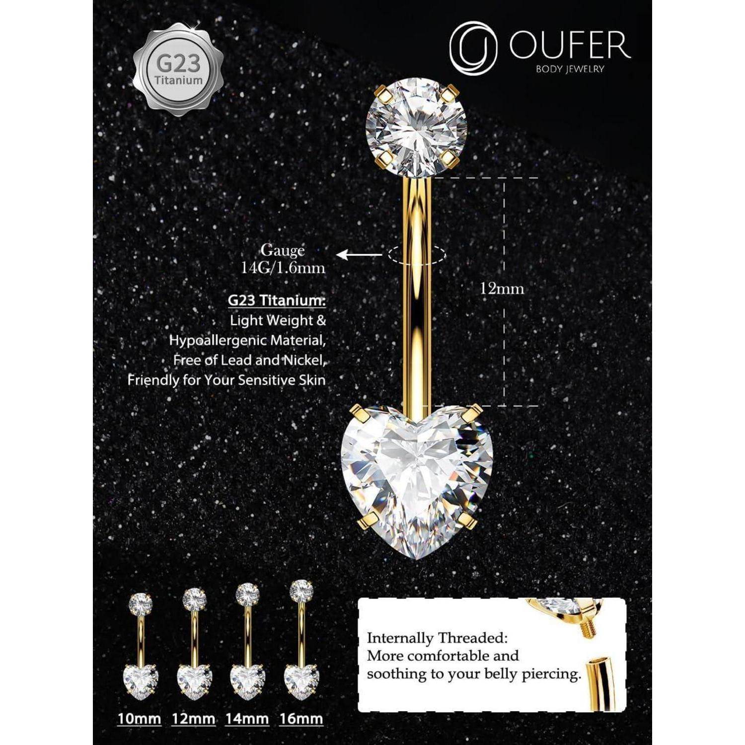 Internally Threaded Heart CZ Navel Piercing 10/12/14/16mm Gold