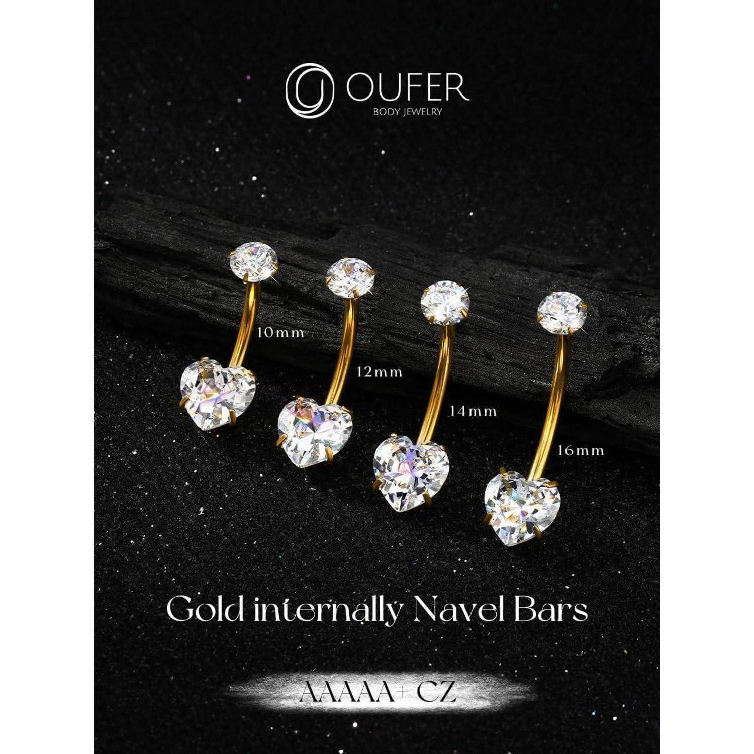 Internally Threaded Heart CZ Navel Piercing 10/12/14/16mm Gold