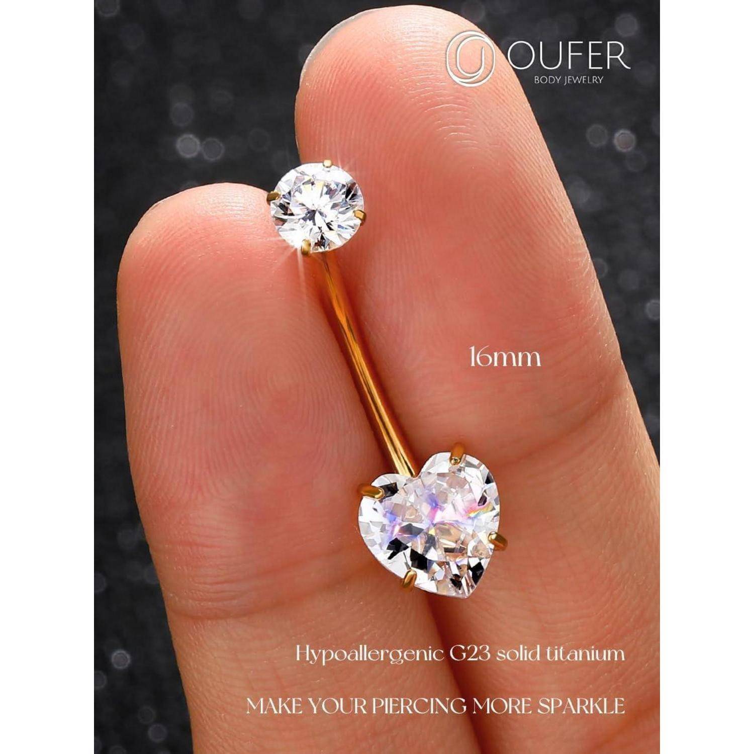 Internally Threaded Heart CZ Navel Piercing 10/12/14/16mm Gold