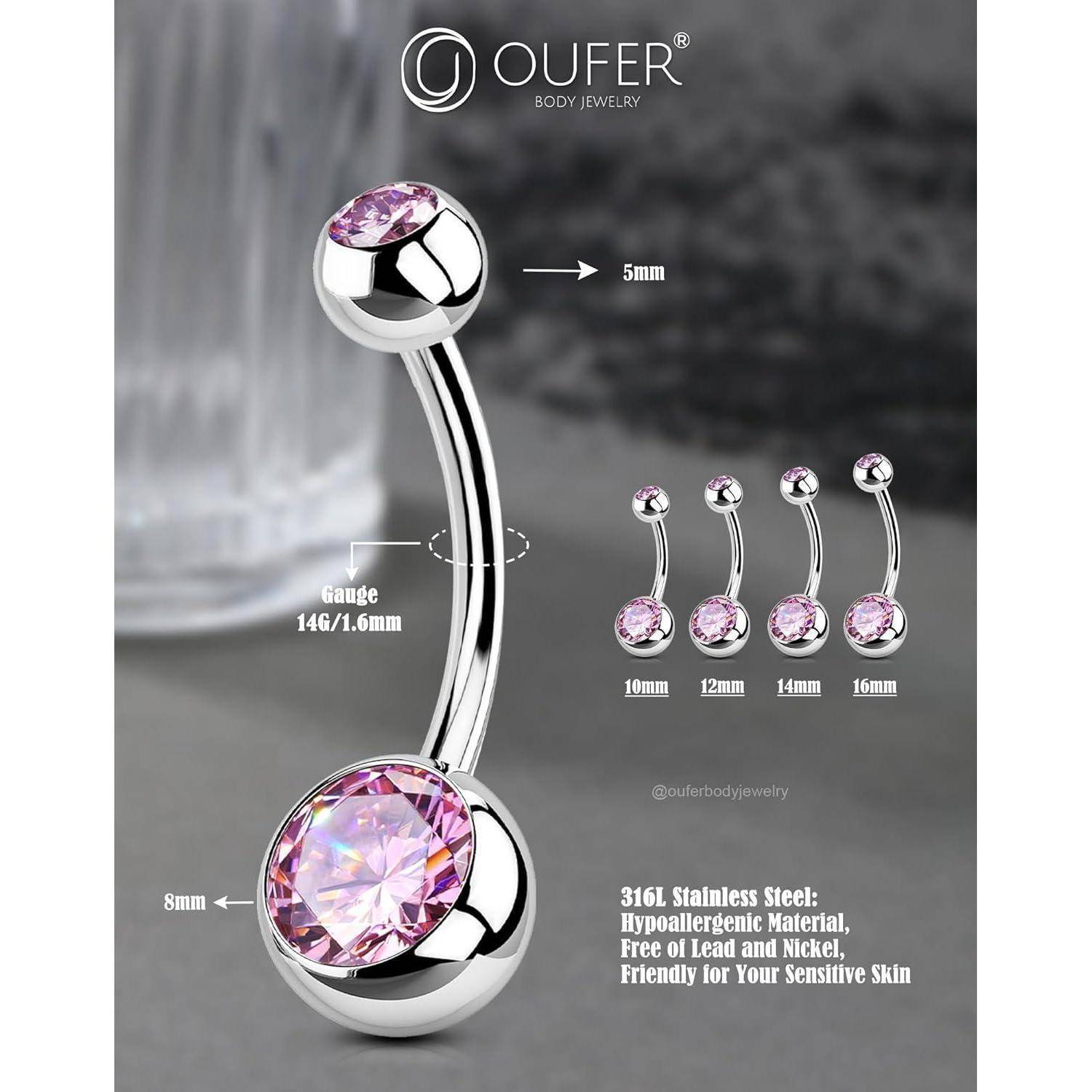 Bauchnabelpiercing 316L Stainless Steel CZ Pink Navel Bar