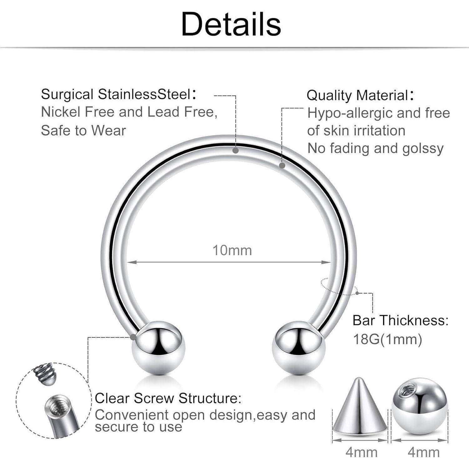Chirurgenstahl Piercing Hufeisen Lippenringe Nasenring 10mm Silber
