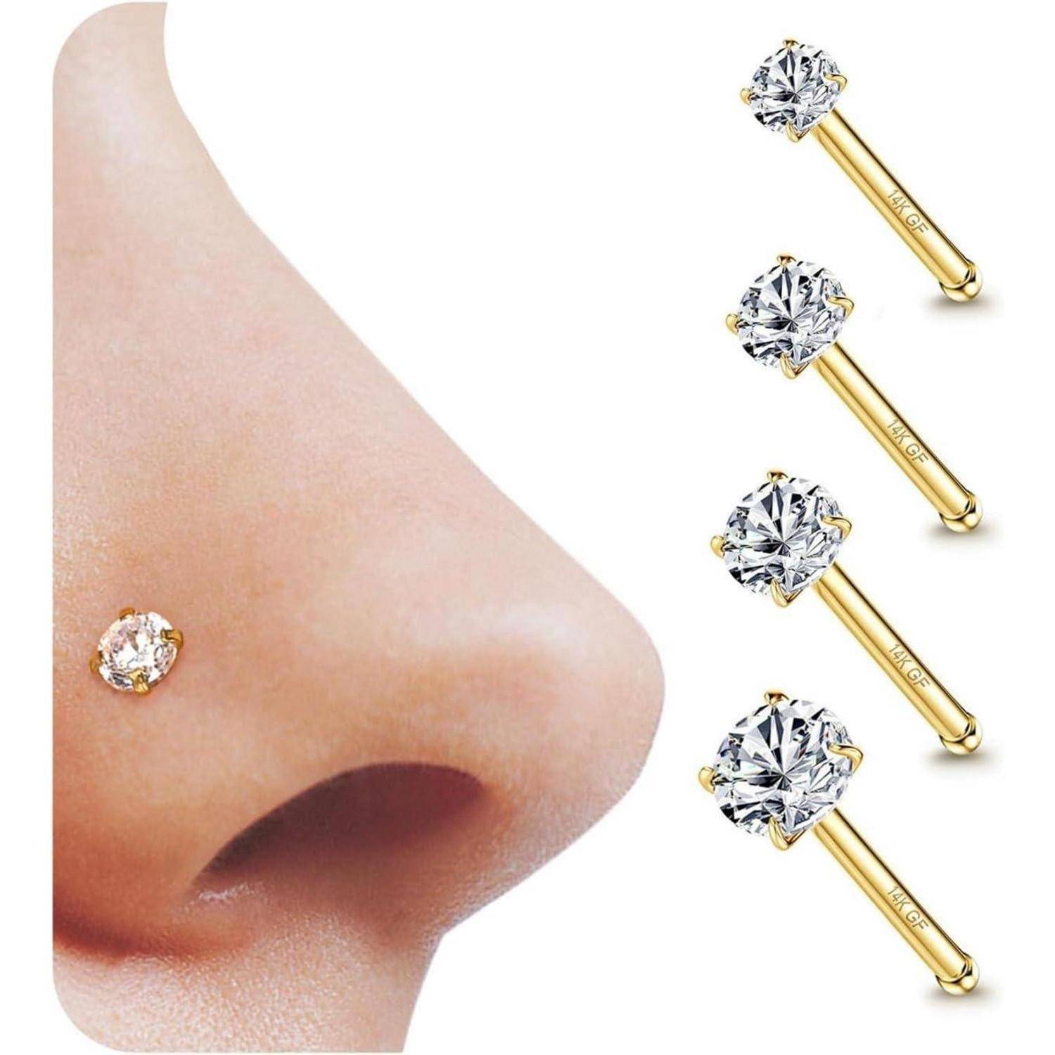 4er Set 14K Gold 20G Nasenpiercing Zirkonia Chirurgenstahl 1,5/2/2,5/3