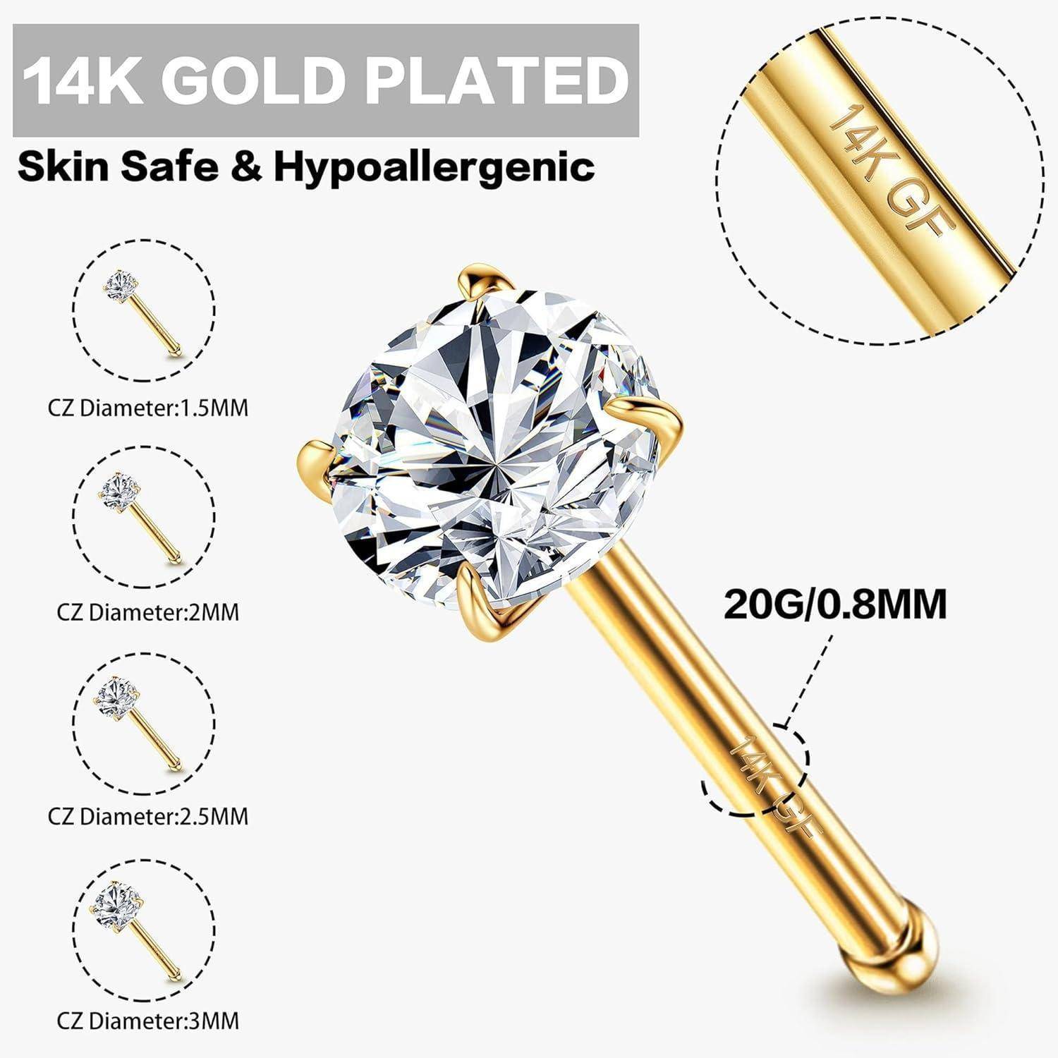 4er Set 14K Gold 20G Nasenpiercing Zirkonia Chirurgenstahl 1,5/2/2,5/3