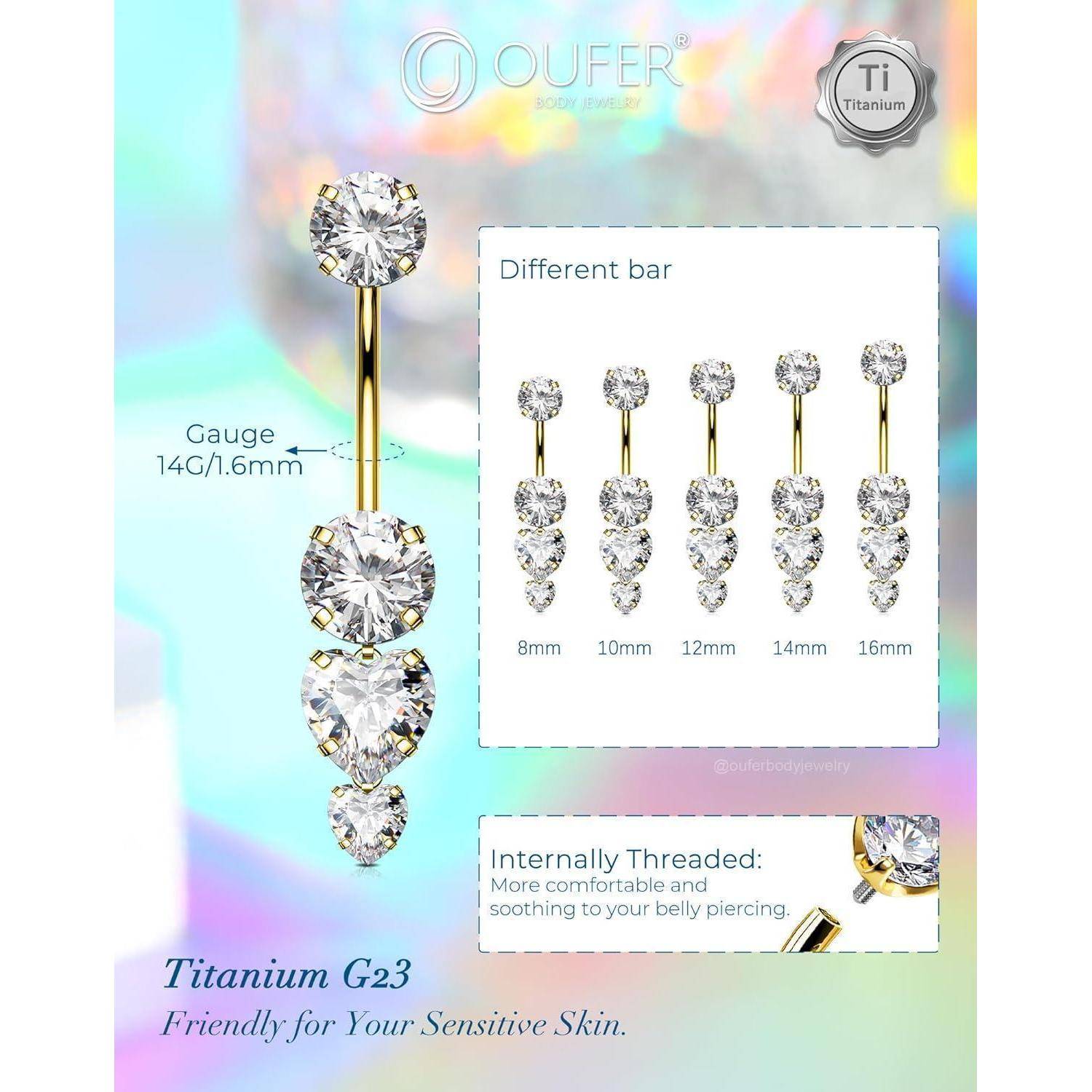 14G Gold Bauchnabelpiercing Titan G23 Herzanhänger 8-16mm