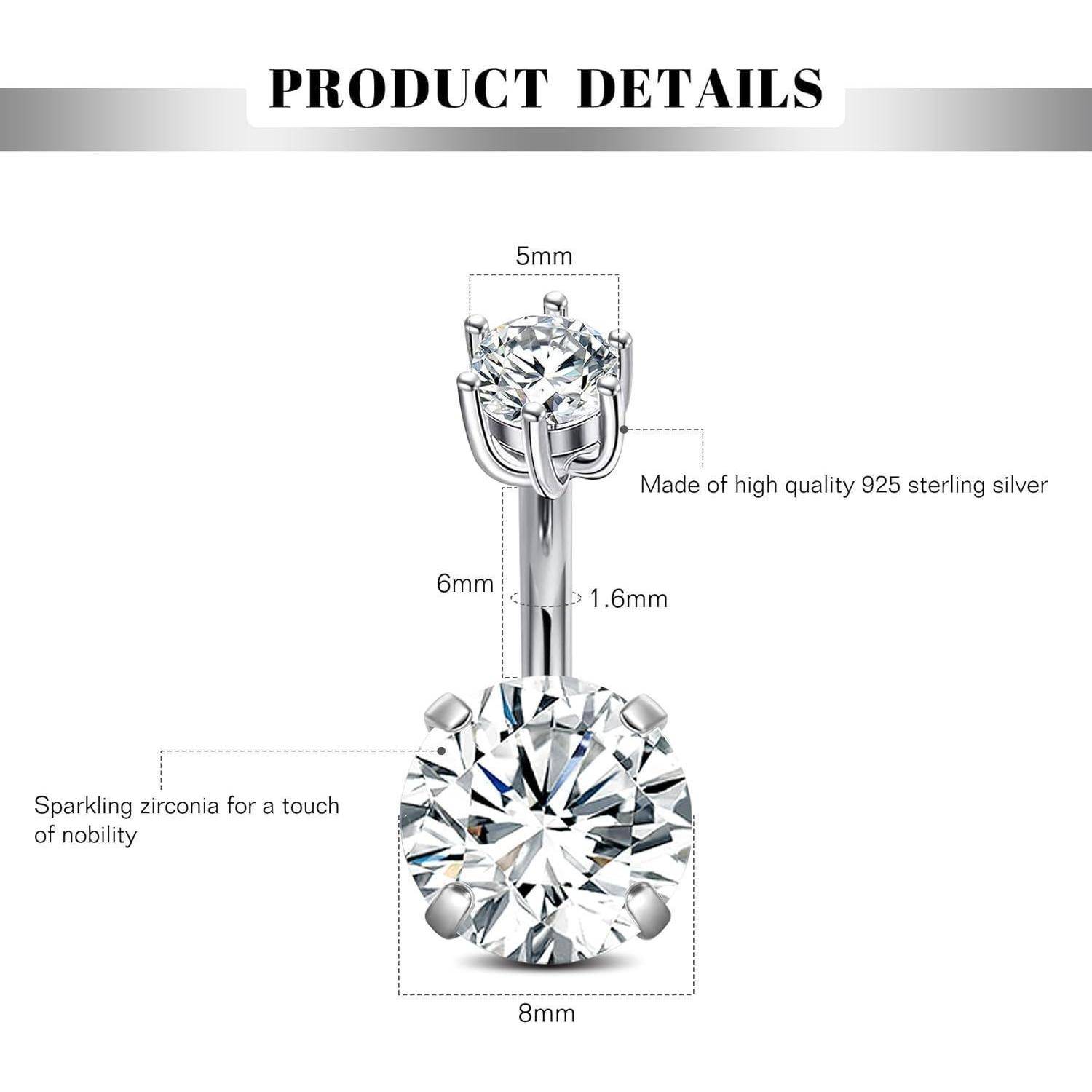 925 Silber Bauchnabel Ring 14g 8/10mm CZ Schmuck piercing