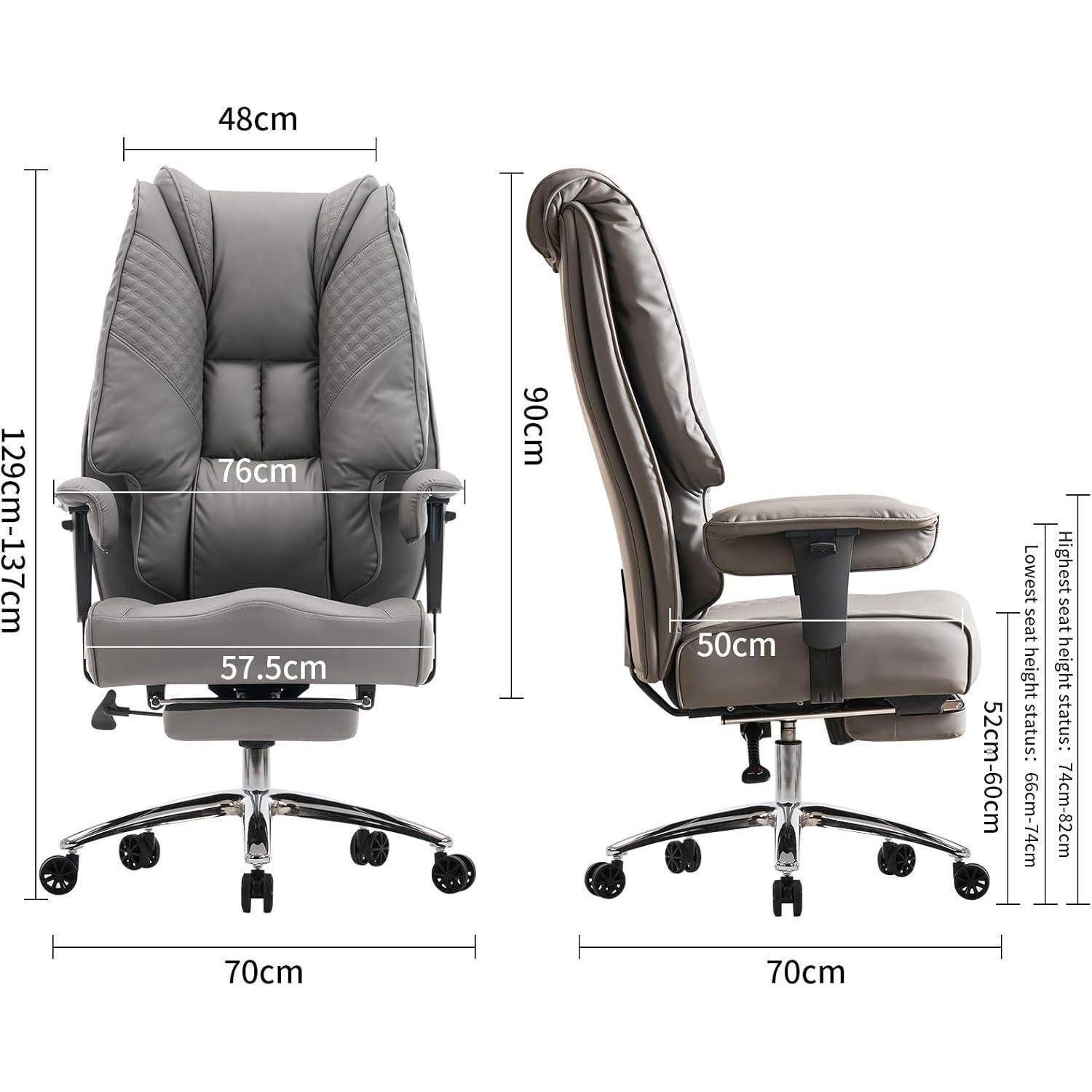 Bürostuhl mit Maßen: Rückenhöhe 129-137 cm, Breite 76 cm; Sittiefe 57,5 cm, Breite 50 cm; Gesamthöhe 90 cm; Basisbereite 70 cm.