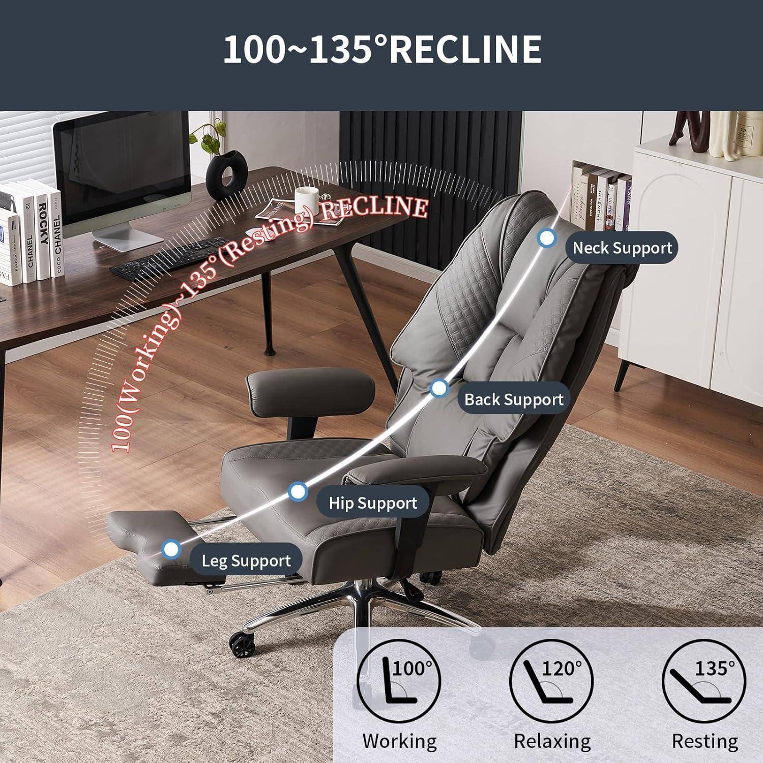 Bild eines ergonomischen Bürostuhls mit 100-135° Neigungsfunktion, das die Unterstützung für Nacken, Rücken, Hüfte und Beine zeigt, in einer Heimbüro-Umgebung.
