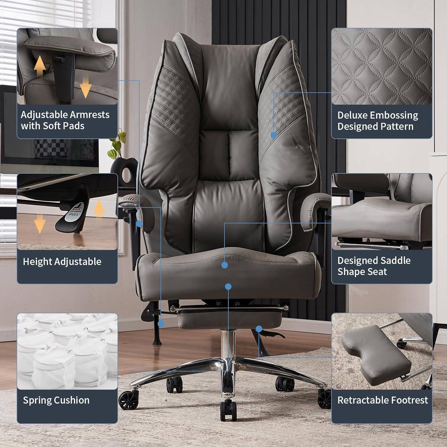 Ergonomischer Bürostuhl mit verstellbaren Armlehnen, luxuriöser Prägung, Federkissen, designter Sattelform-Sitzfläche und ausfahrbarer Fußstütze.