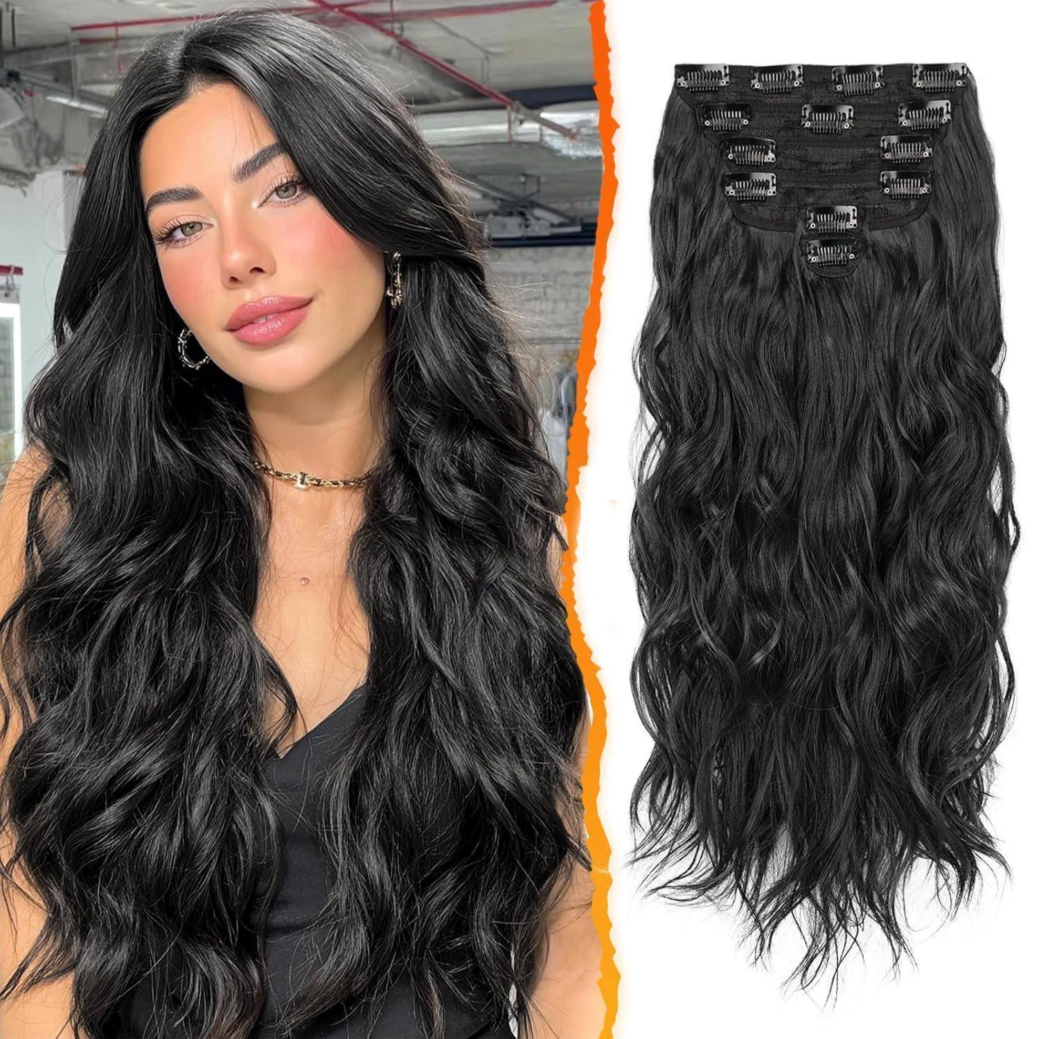 Clip in Schwarz Haarverlängerung Damen 50CM Lang Wellig Haarextension
