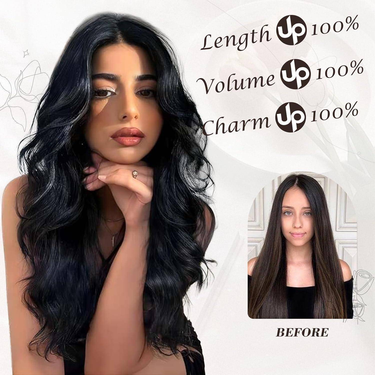 Clip in Schwarz Haarverlängerung Damen 50CM Lang Wellig Haarextension