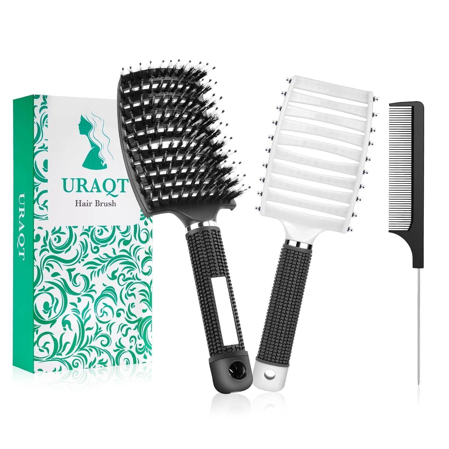URAQT Haarbürsten'-Set mit einer belüfteten Bürste, Paddelbürste und Feinzahnkamm, präsentiert in dekorativer Verpackung.