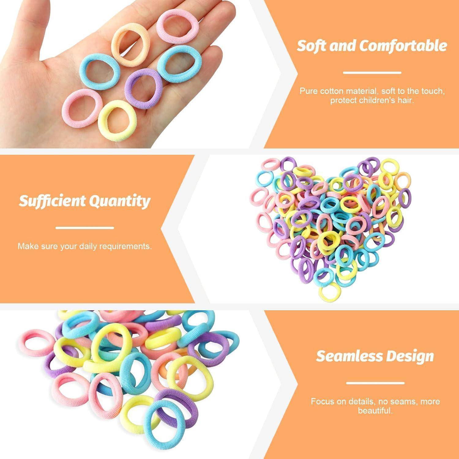 Hand hält bunte Haargummis und betont dabei 'Weich und Bequem' mit reinem Baumwollmaterial. Bilder zeigen ihre Menge und nahtlose Gestaltung.