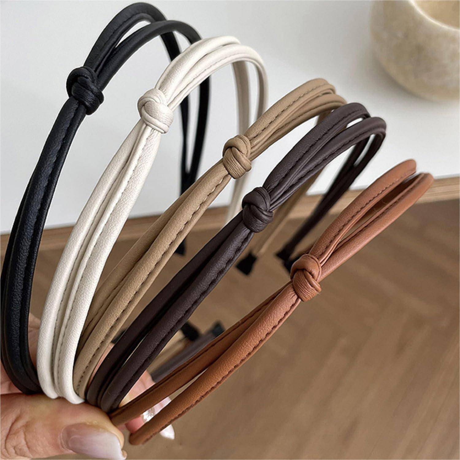 5 Stück Leder Stirnbänder für Damen Haarreifen Set Schwarz Braun