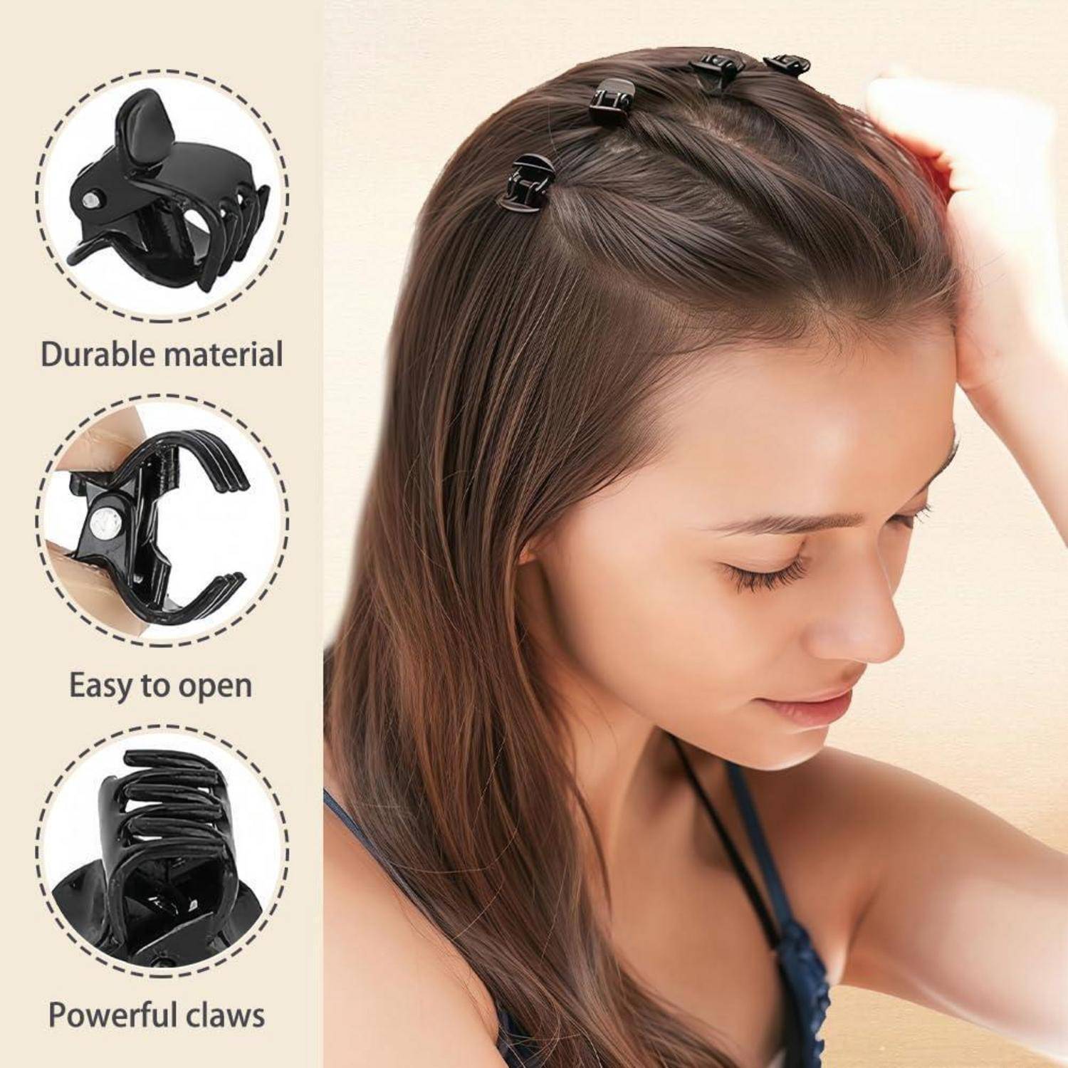 Eine Person verwendet eine schwarze Haarspange, um ihr Haar zurückzuhalten. Das Bild hebt folgende Merkmale hervor: ‚Langlebiges Material', ‚Leicht zu öffnen', ‚Kraftvolle Klauen'.