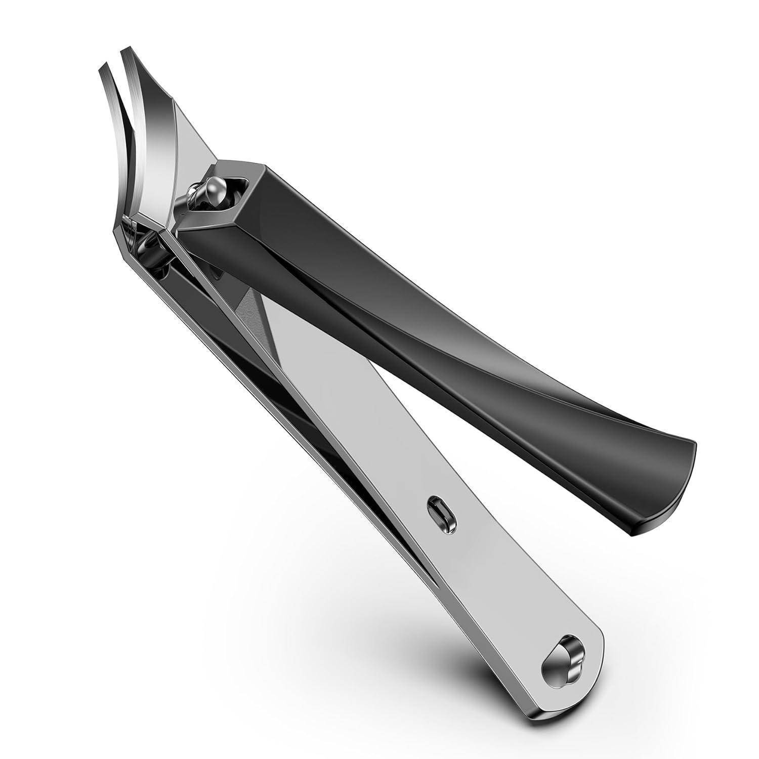 Eine schlanke, metallfarbene Nagelschere mit gebogenen Klingen und einem kleinen Hebel, entwickelt für effizientes Nagelschneiden.