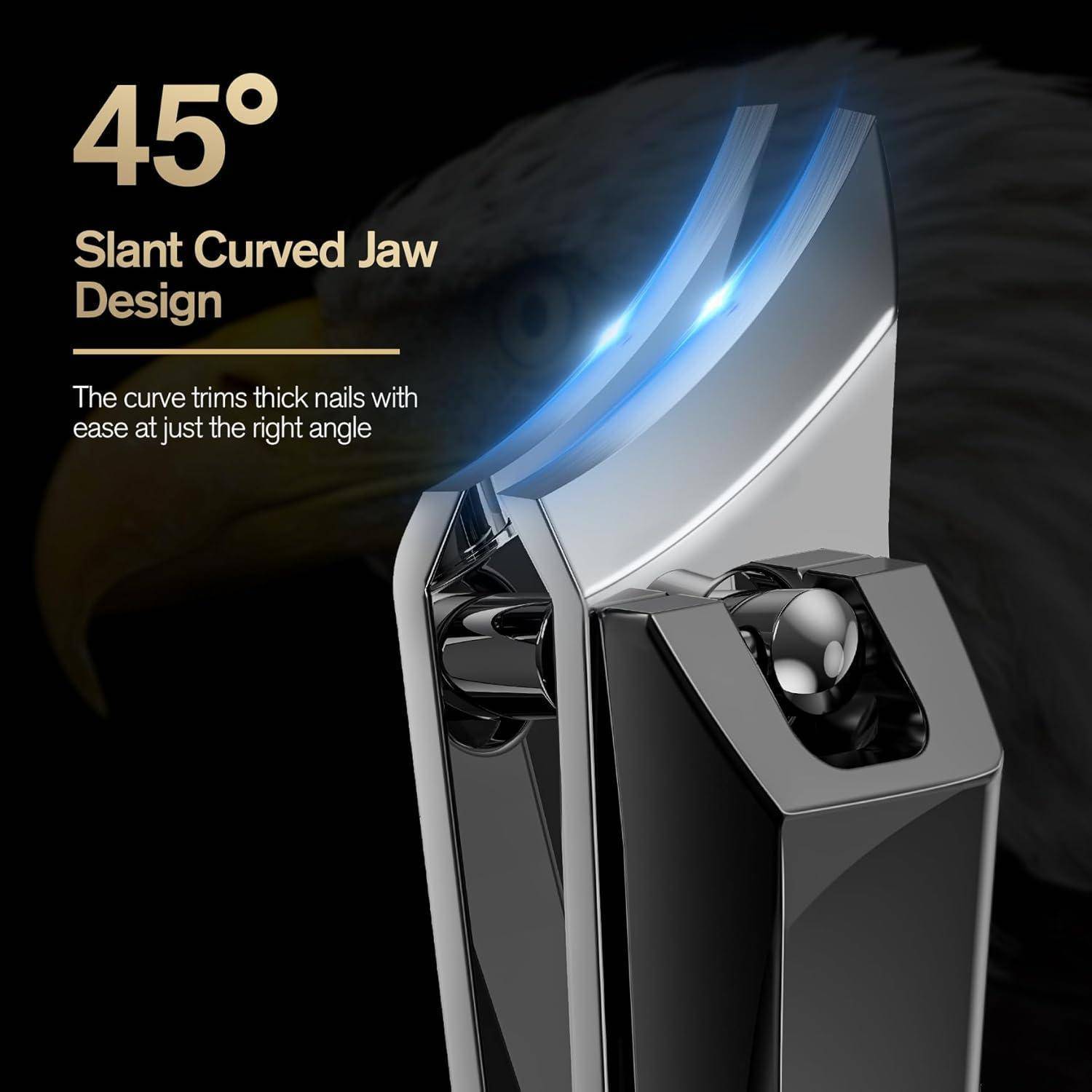 Nagelknipser mit einem 45° geneigten, geschwungenen Kieferdesign, mit elegantem, metallenem Aussehen. Text: Design mit geneigtem, geschwungenem Kiefer - Die Kurve schneidet dicke Nägel mühelos im perfekten Winkel.