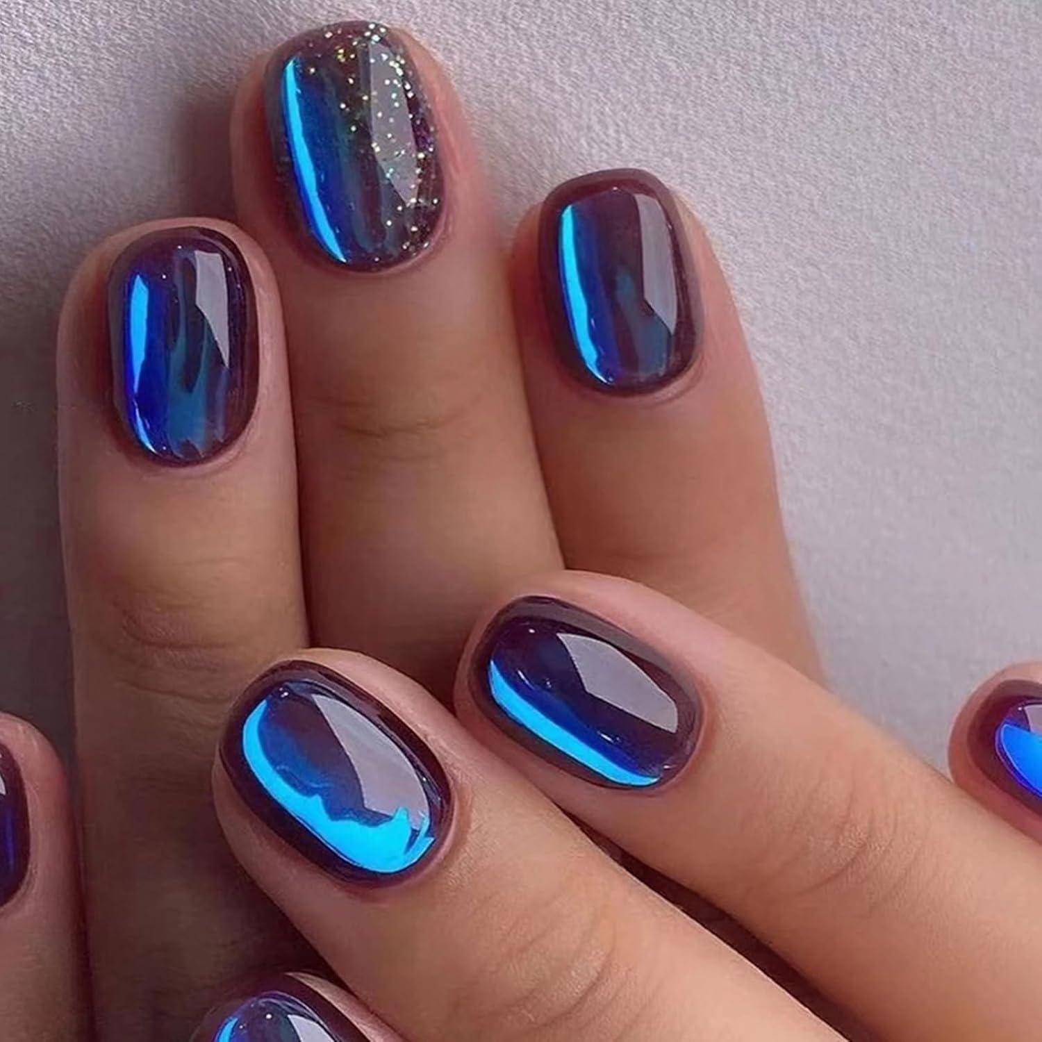 24 Stück Blau Glänzende Falsche Nägel zum Aufkleben, Kurz