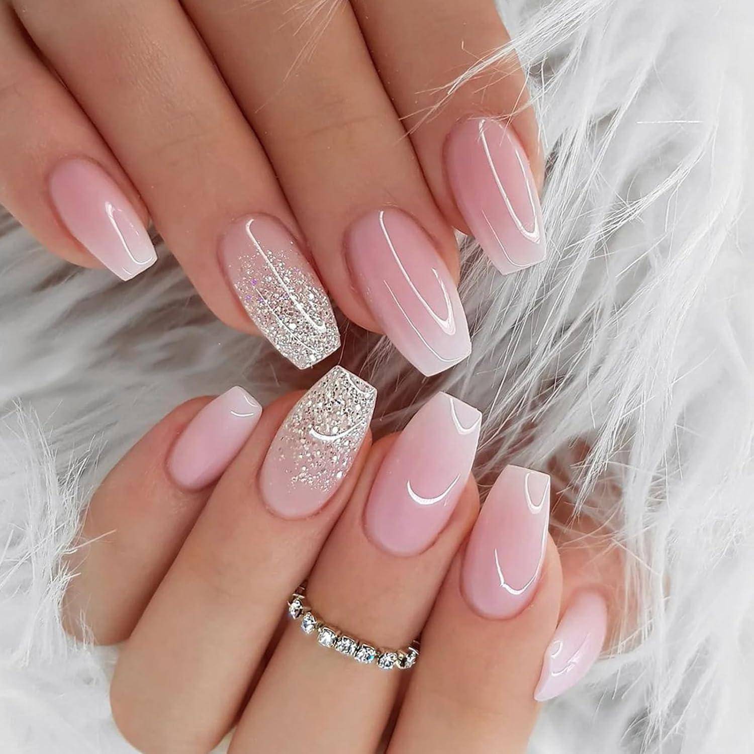 24 Stück Press on Nägel Rosa Glitzer Acryl French Nails mit