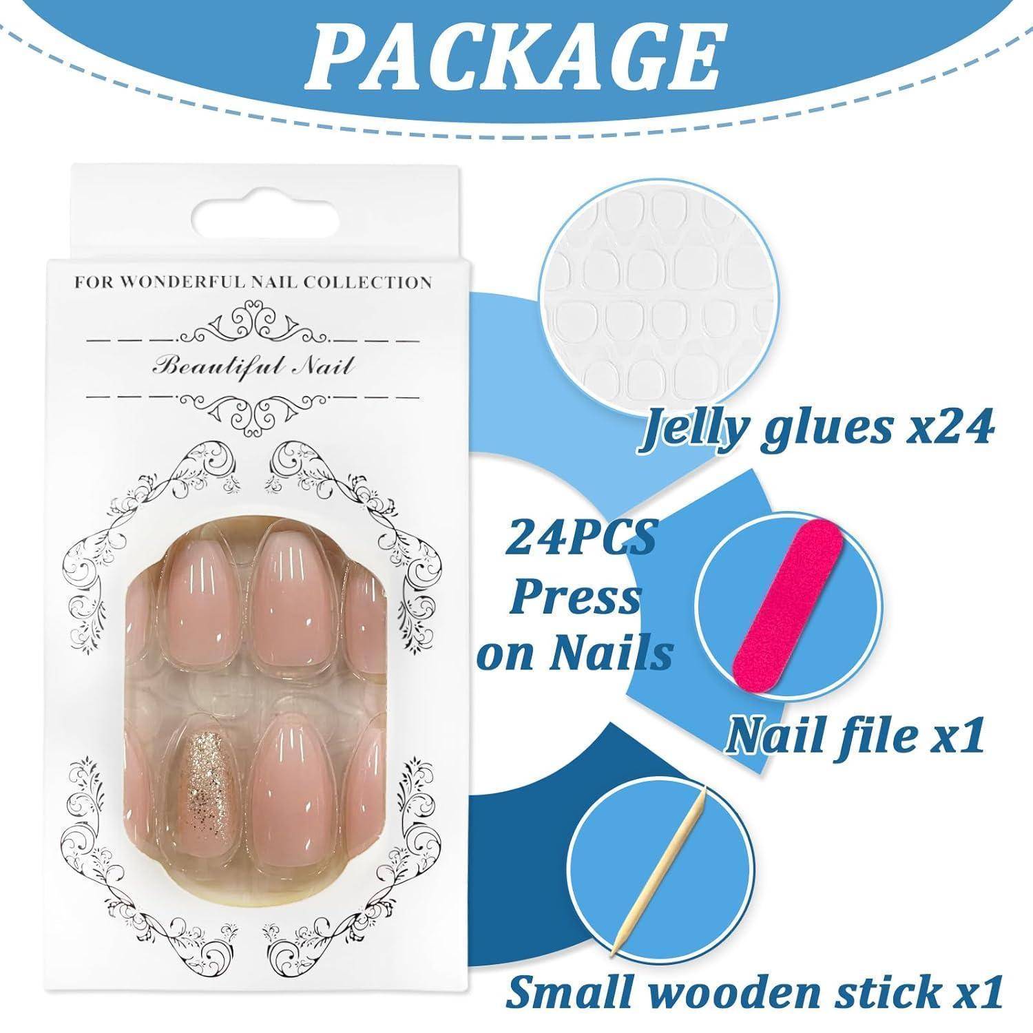 24 Stück Press on Nägel Rosa Glitzer Acryl French Nails mit