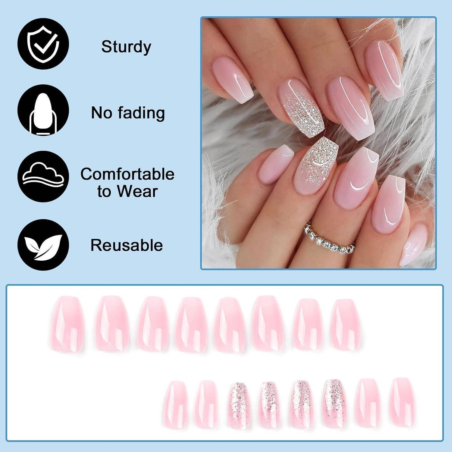 24 Stück Press on Nägel Rosa Glitzer Acryl French Nails mit