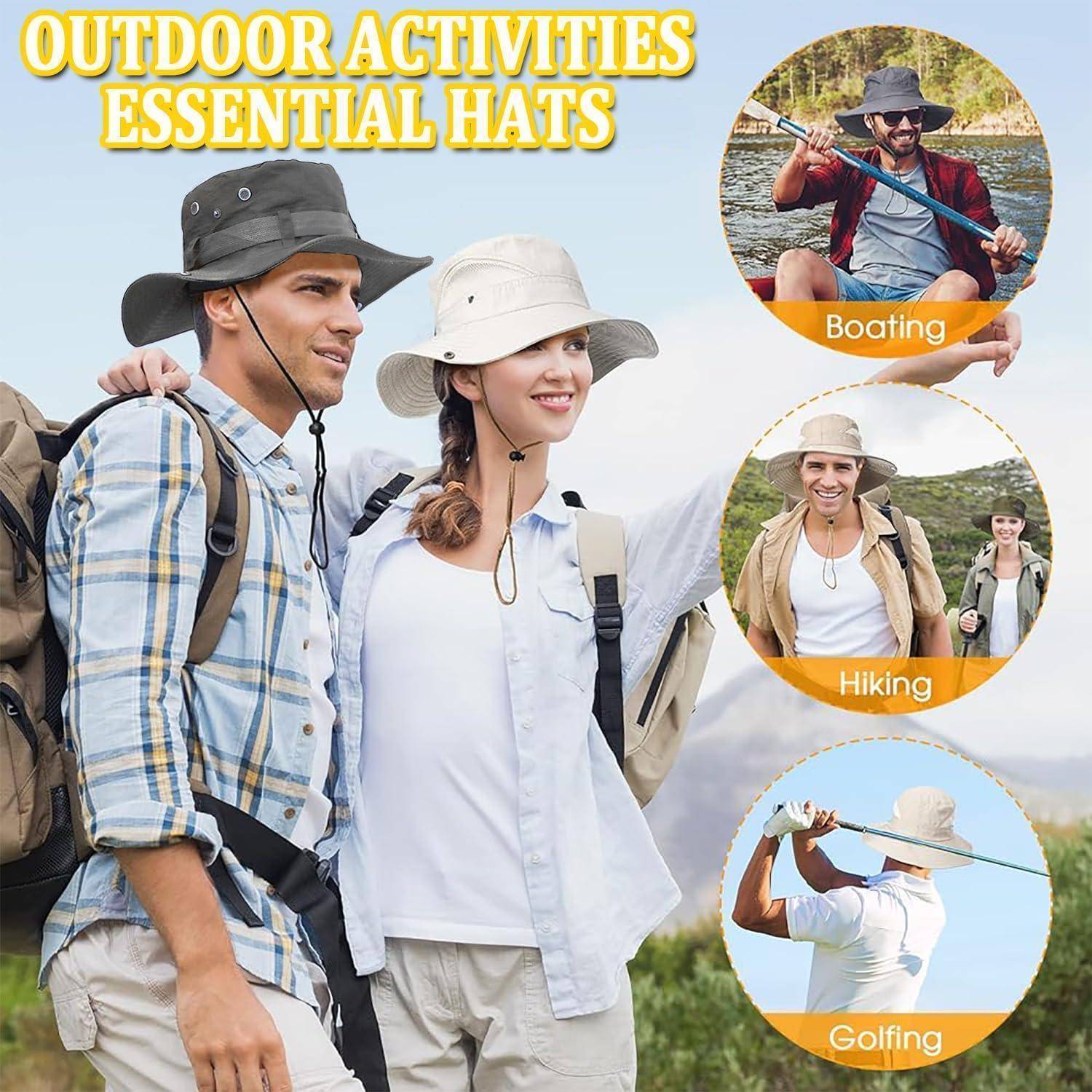 Ein Paar in Outdoor-Ausrüstung mit Rucksäcken. Überblendeter Text liest sich: „Outdoor-Aktivitäten: Wesentliche Hüte.