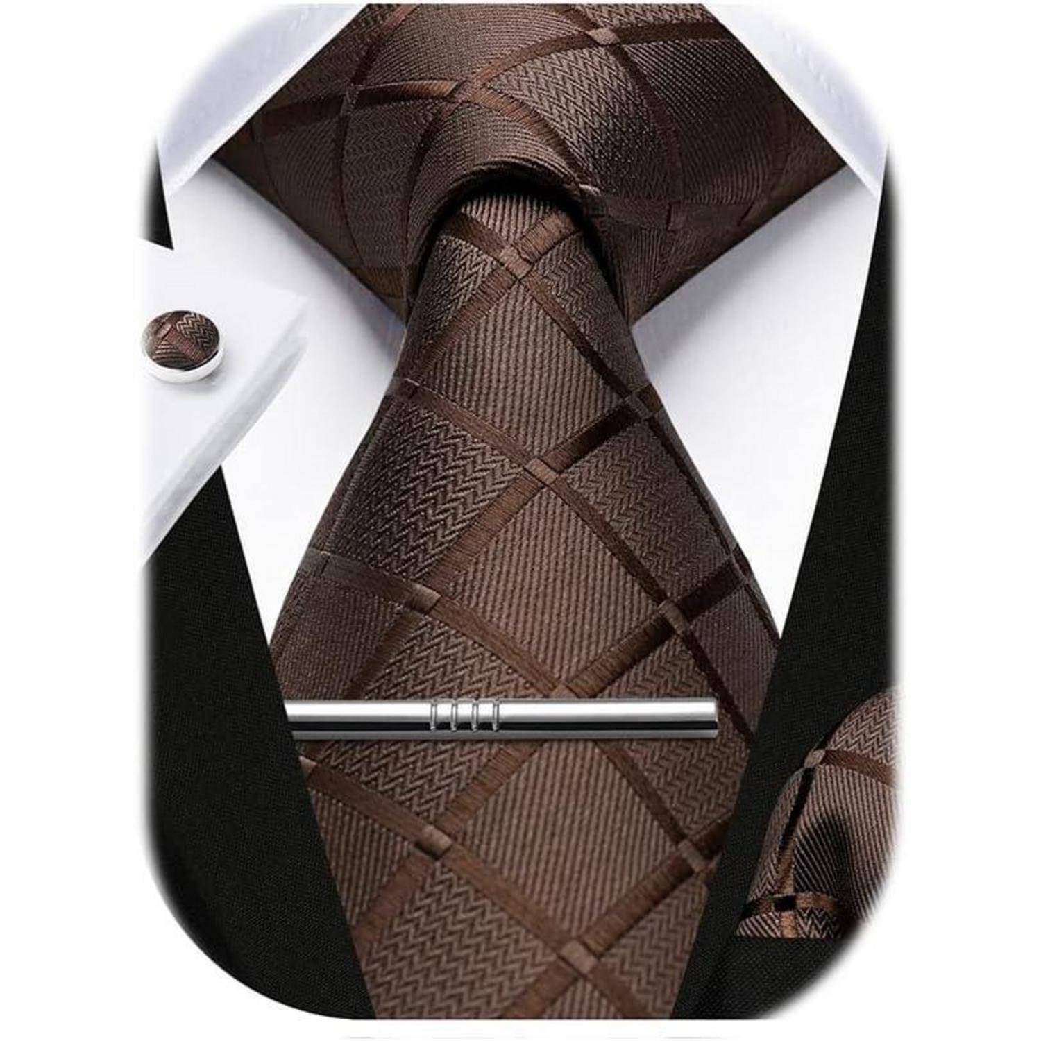 Krawatte Herren Hochzeit Einstecktuch Krawattenklammer Set braun