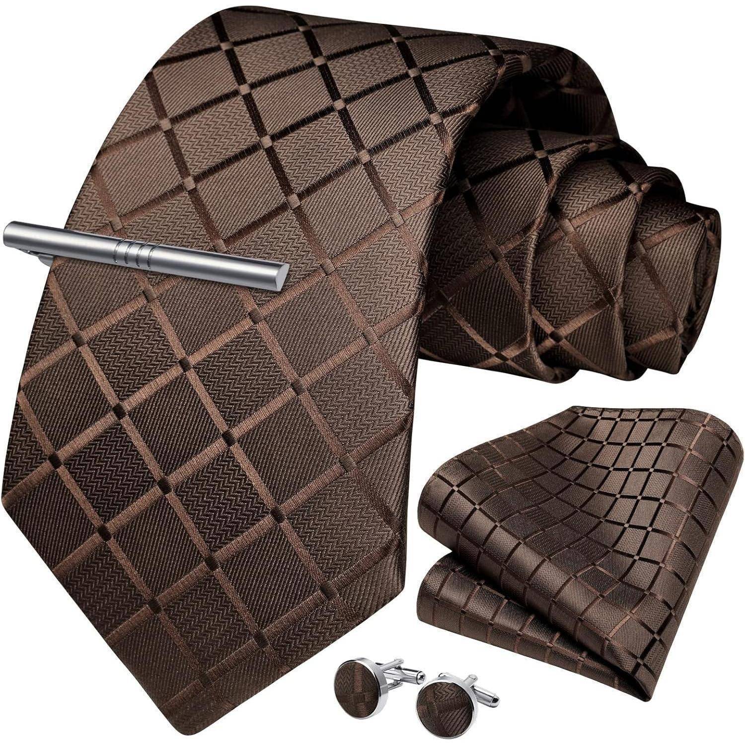 Krawatte Herren Hochzeit Einstecktuch Krawattenklammer Set braun