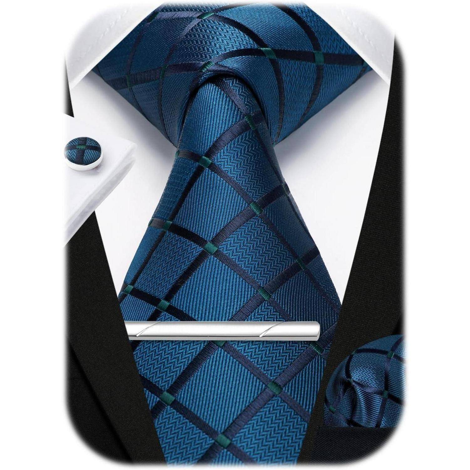 Krawatte Set Einstecktuch Krawattenklammer Hochzeit Plaid Blaugrün