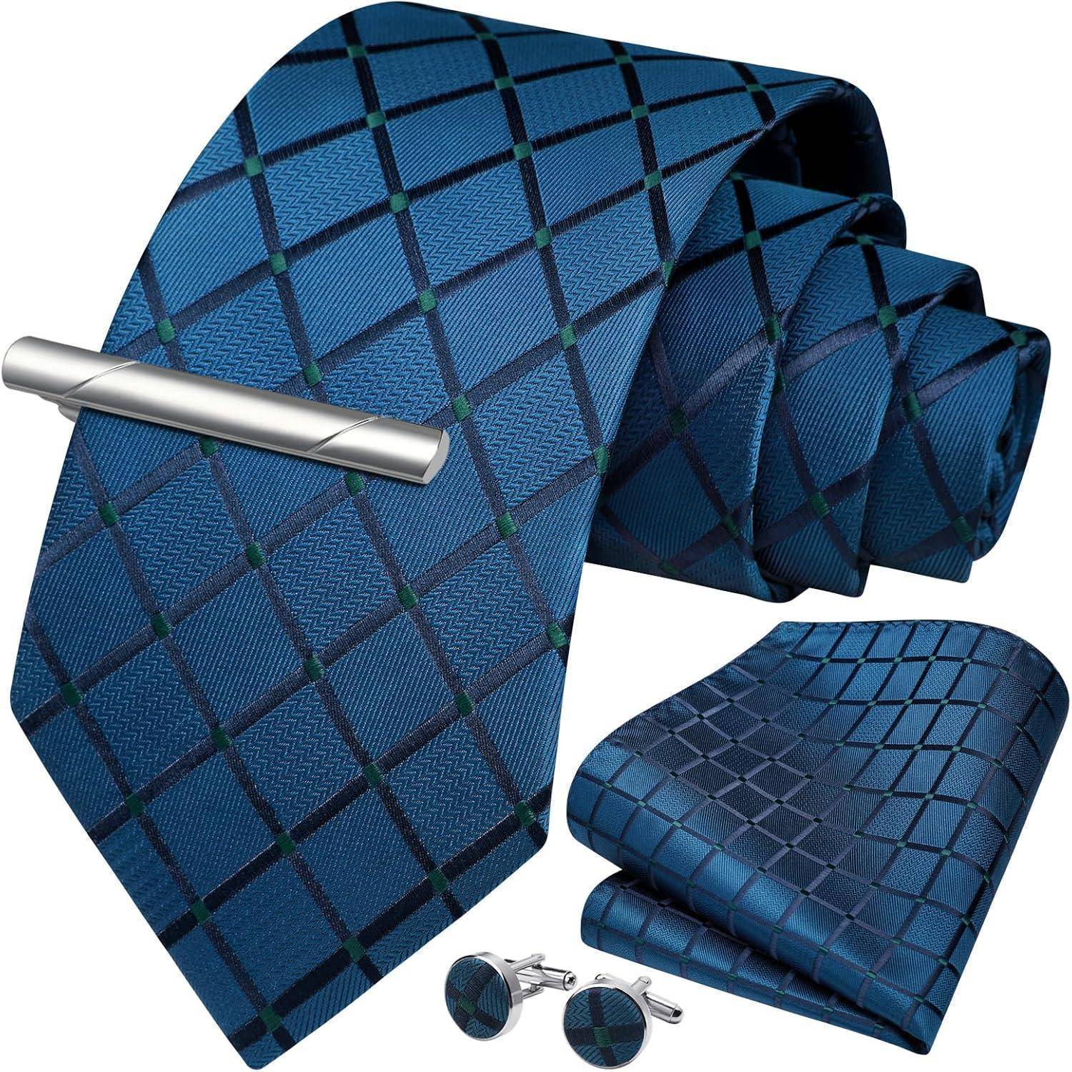Krawatte Set Einstecktuch Krawattenklammer Hochzeit Plaid Blaugrün