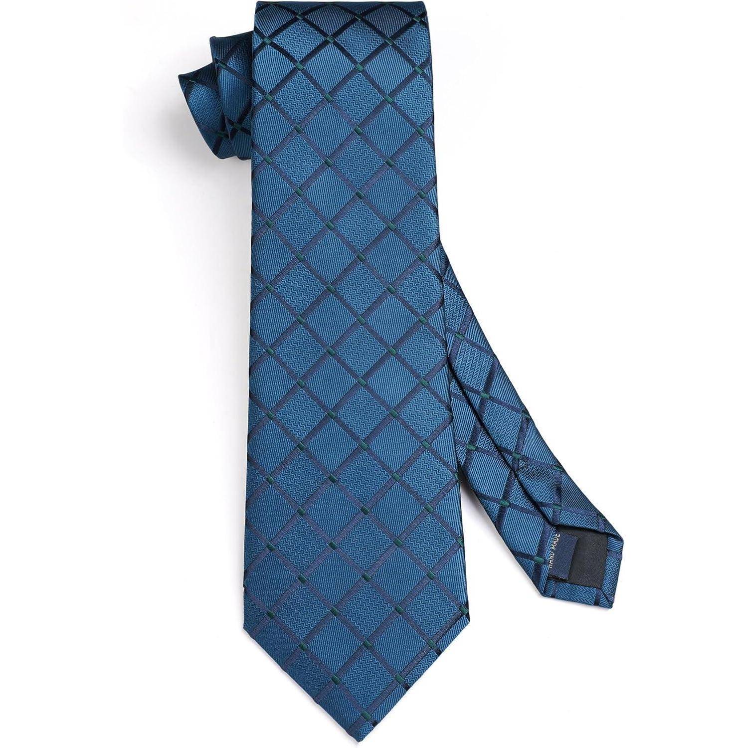 Krawatte Set Einstecktuch Krawattenklammer Hochzeit Plaid Blaugrün