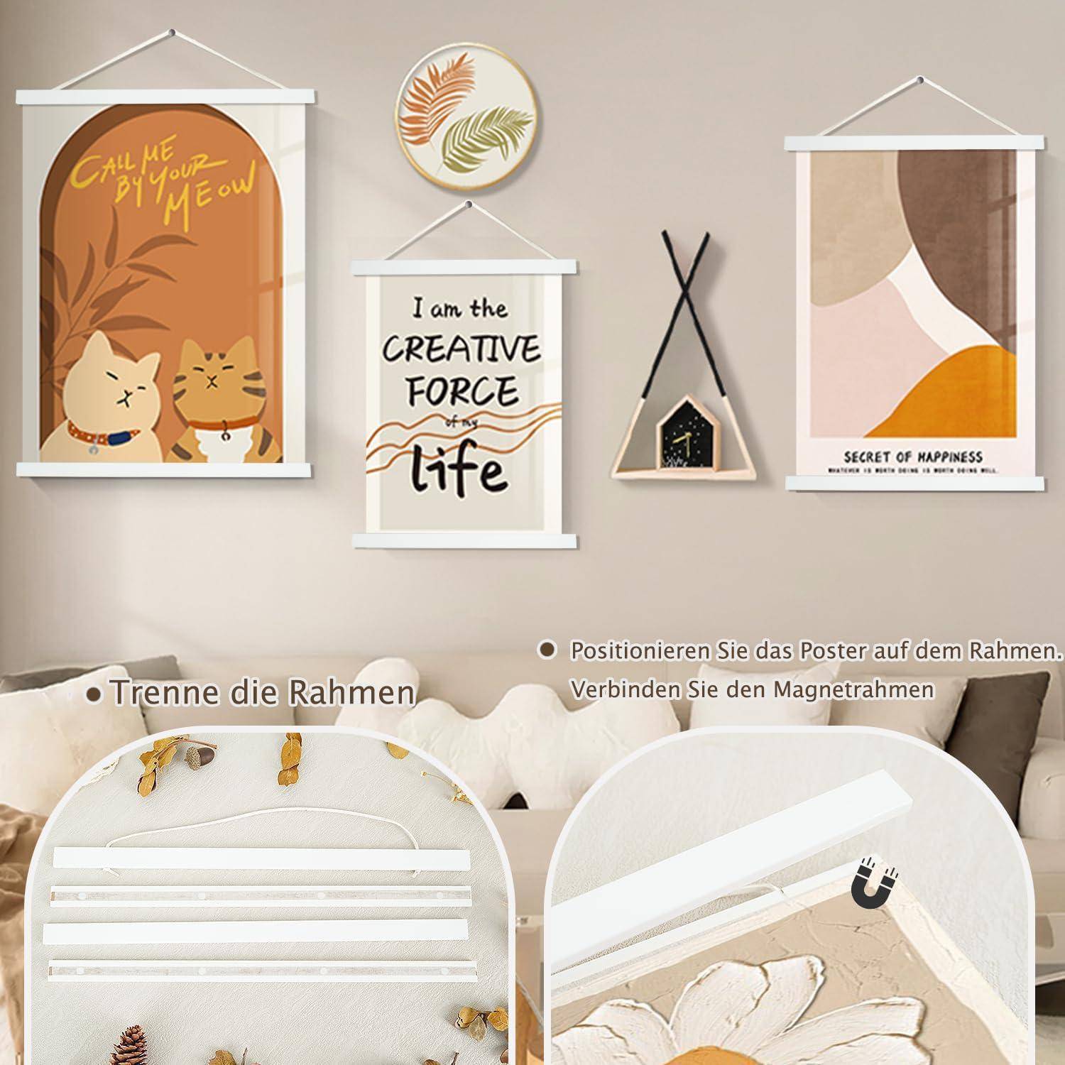 Wandkunst-Display mit gerahmten Drucken, die Katzenillustrationen, einen motivierenden Spruch mit den Worten „Ich bin die kreative Kraft meines Lebens